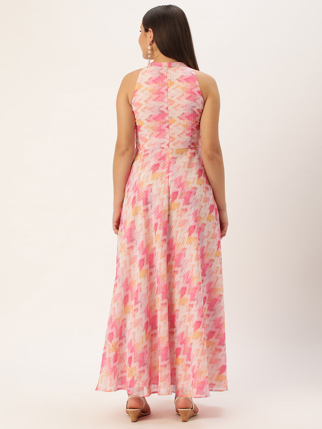 Bollywood Vogue Ready To Wear Multicolored Georgette Printed Halter Neck Dress - Back View