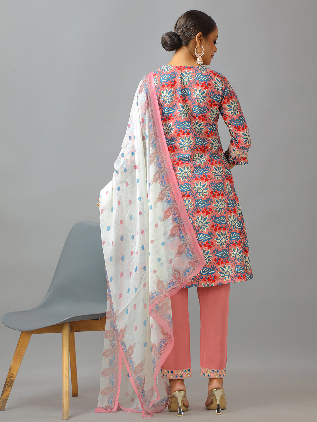 Bollywood Vogue Ready To Wear Multicolored Semi Cotton Printed Straight Pant Suit - Back View