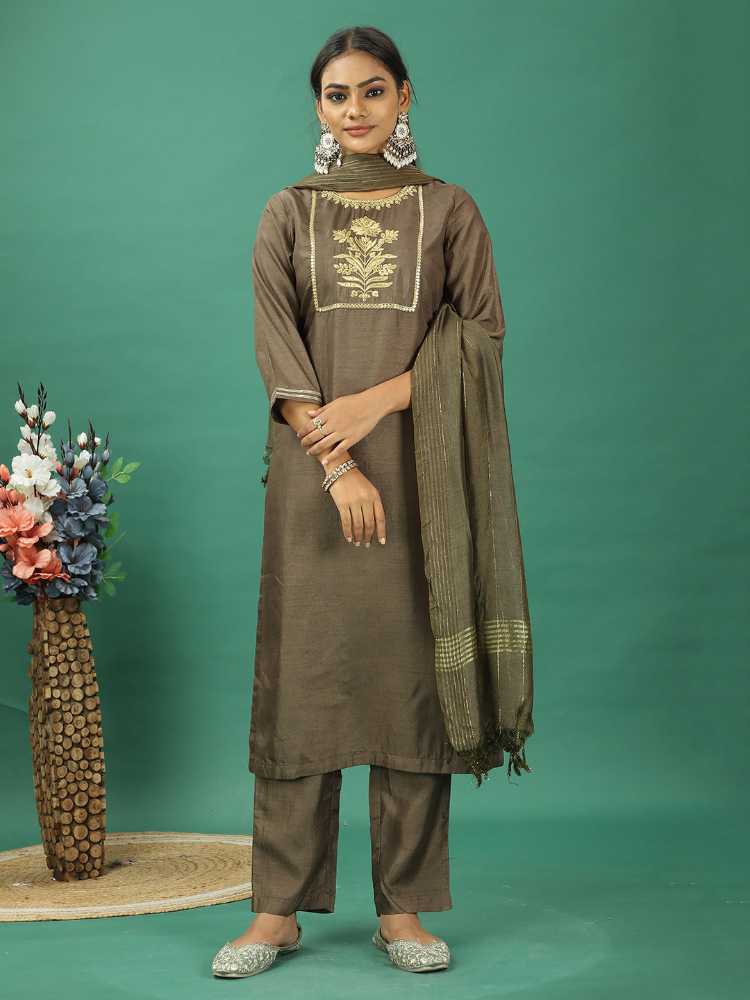 Bollywood Vogue Ready To Wear Green Art Silk Straight Pant Suit - Front View