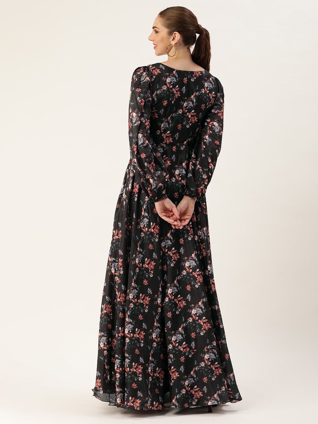 Bollywood Vogue Ready To Wear Black Chinon Digital Printed Gown - Back View