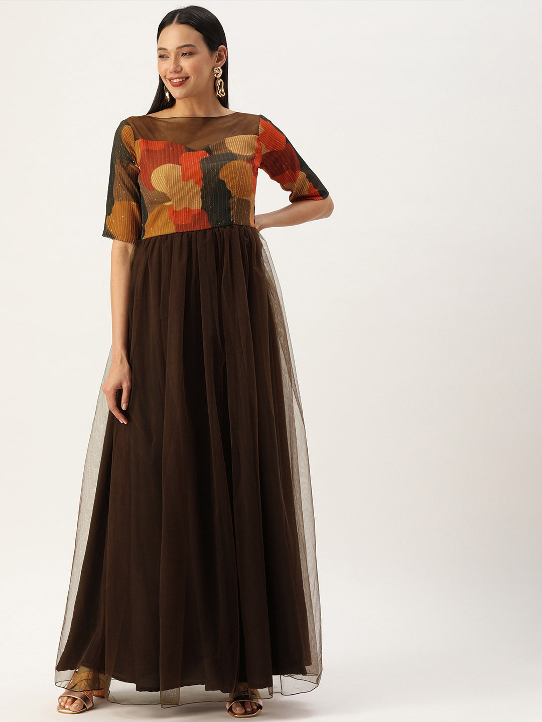 Bollywood Vogue Ready To Wear Multicolored Embroidered N Brown Net Gown - Front View