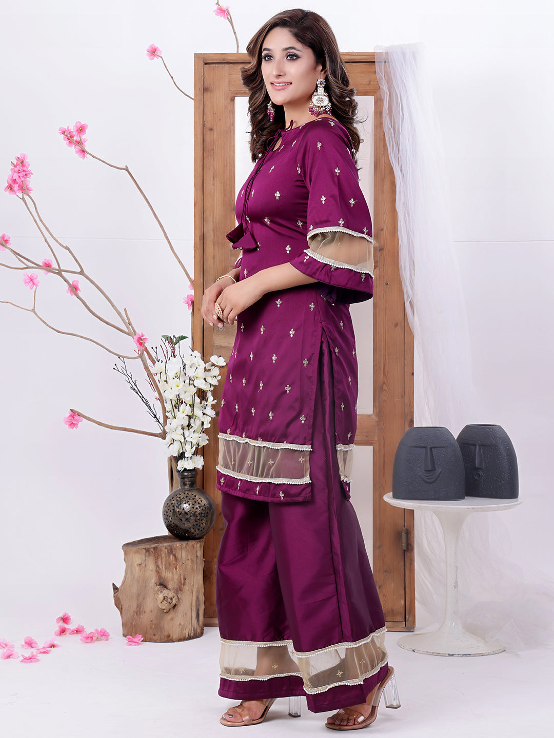 Bollywood Vogue Ready To Wear Wine Art Silk Embroidered Palazzo Suit - Side View