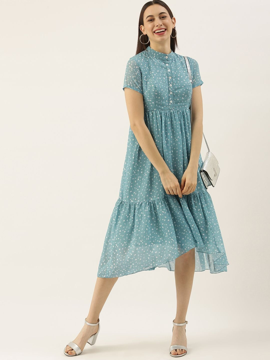 Bollywood Vogue Ready To Wear Blue N White Digital Printed High N Low Dress - Side View