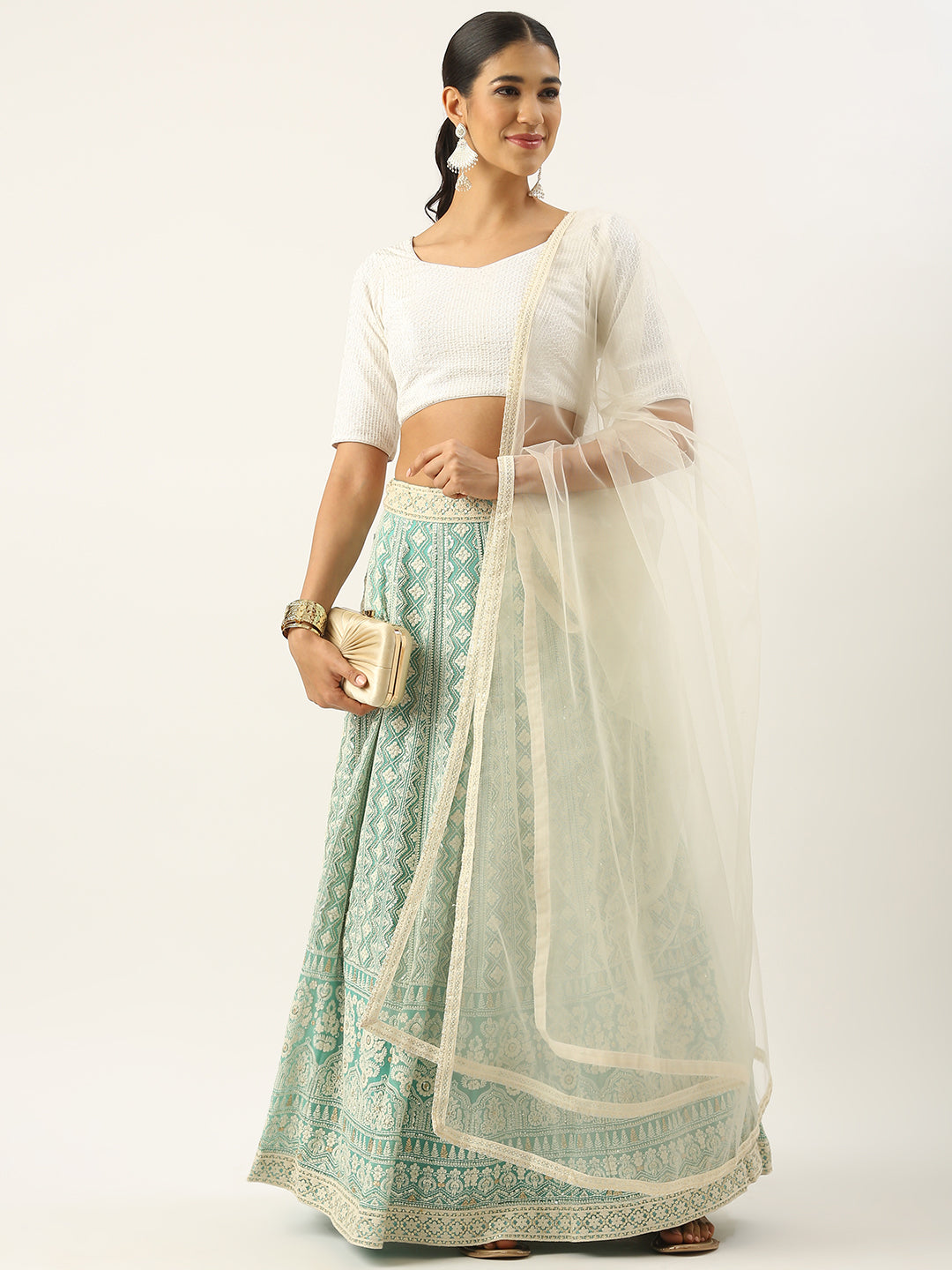 Bollywood Vogue Ready To Wear Off White N Green Embroidered Georgette Lehenga Se - Detail View