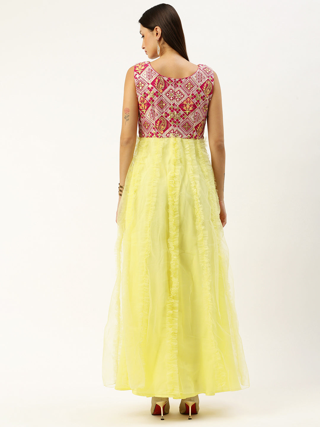 Bollywood Vogue Ready To Wear Pink N Yellow Georgette Embroidered Ruffle Gown - Detail View