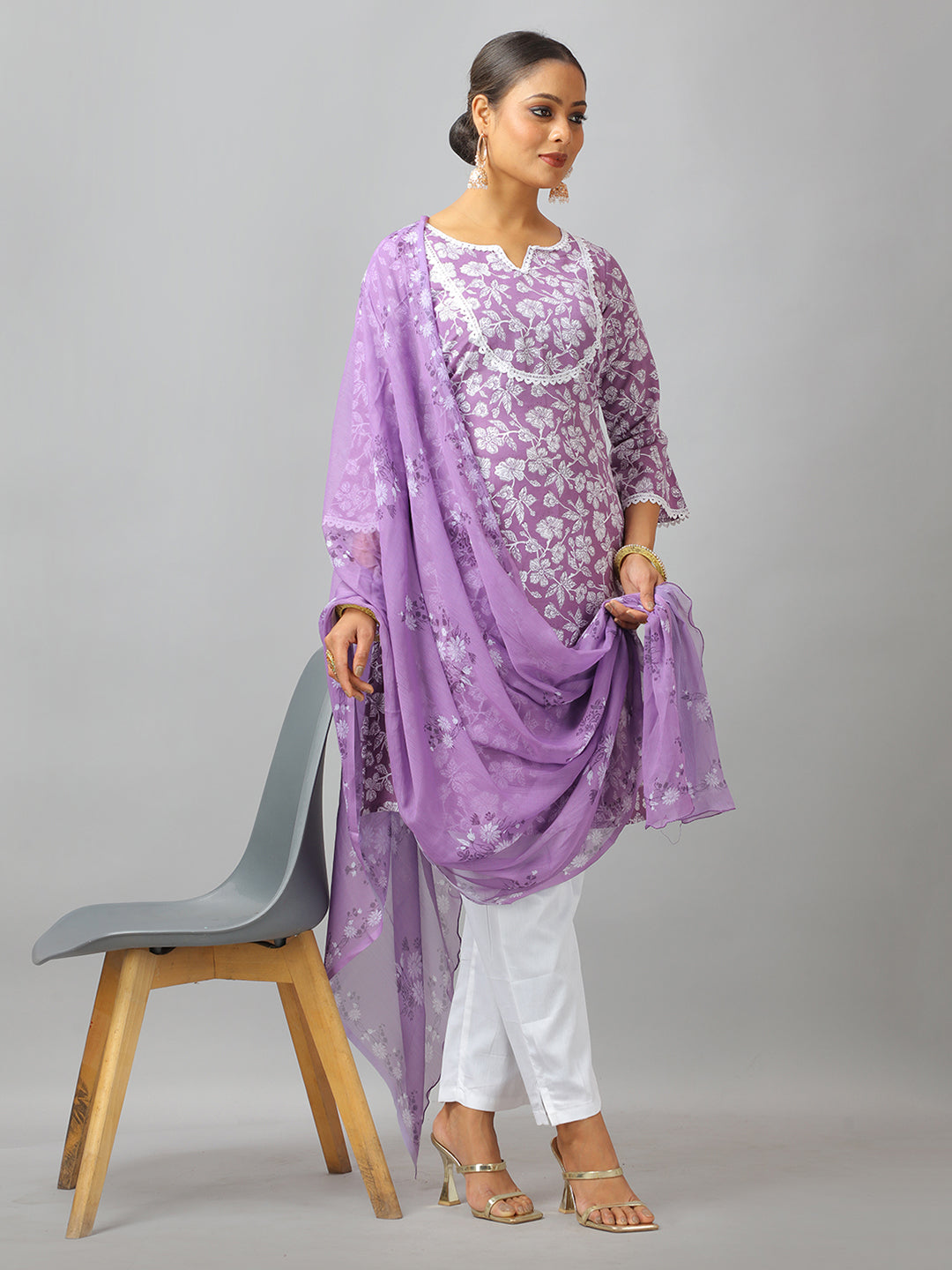 Bollywood Vogue Ready To Wear Lavender Art Silk Cotton Kurta Straight Pant Suit - Side View
