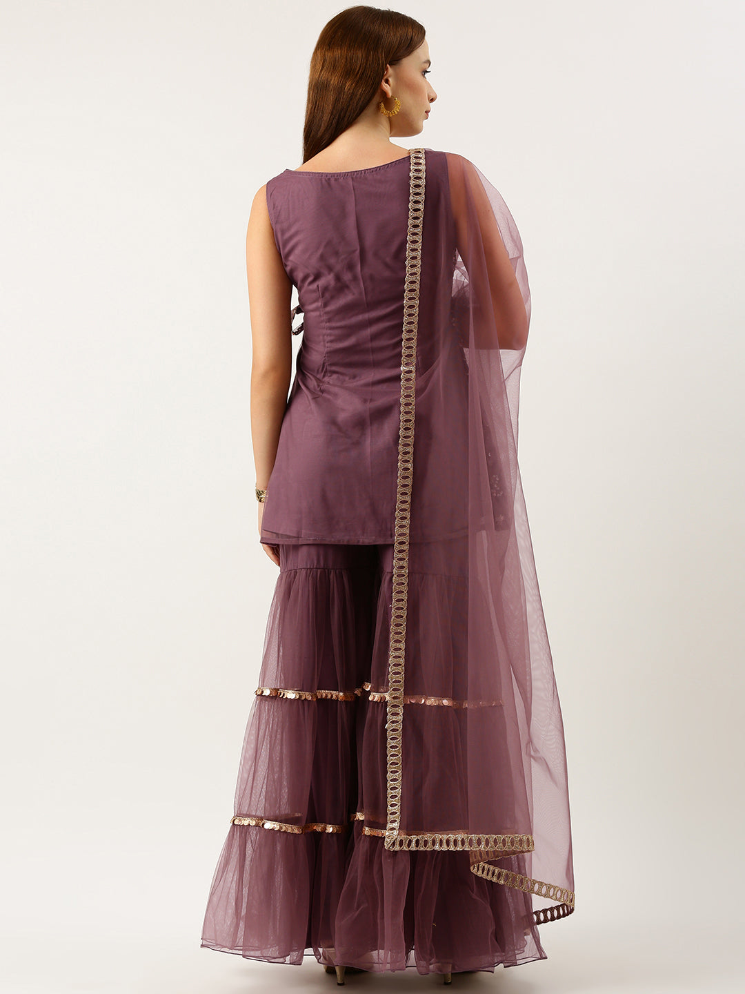 Bollywood Vogue Ready To Wear Purple Sequin Embroidered Net Sharara Suit - Back View