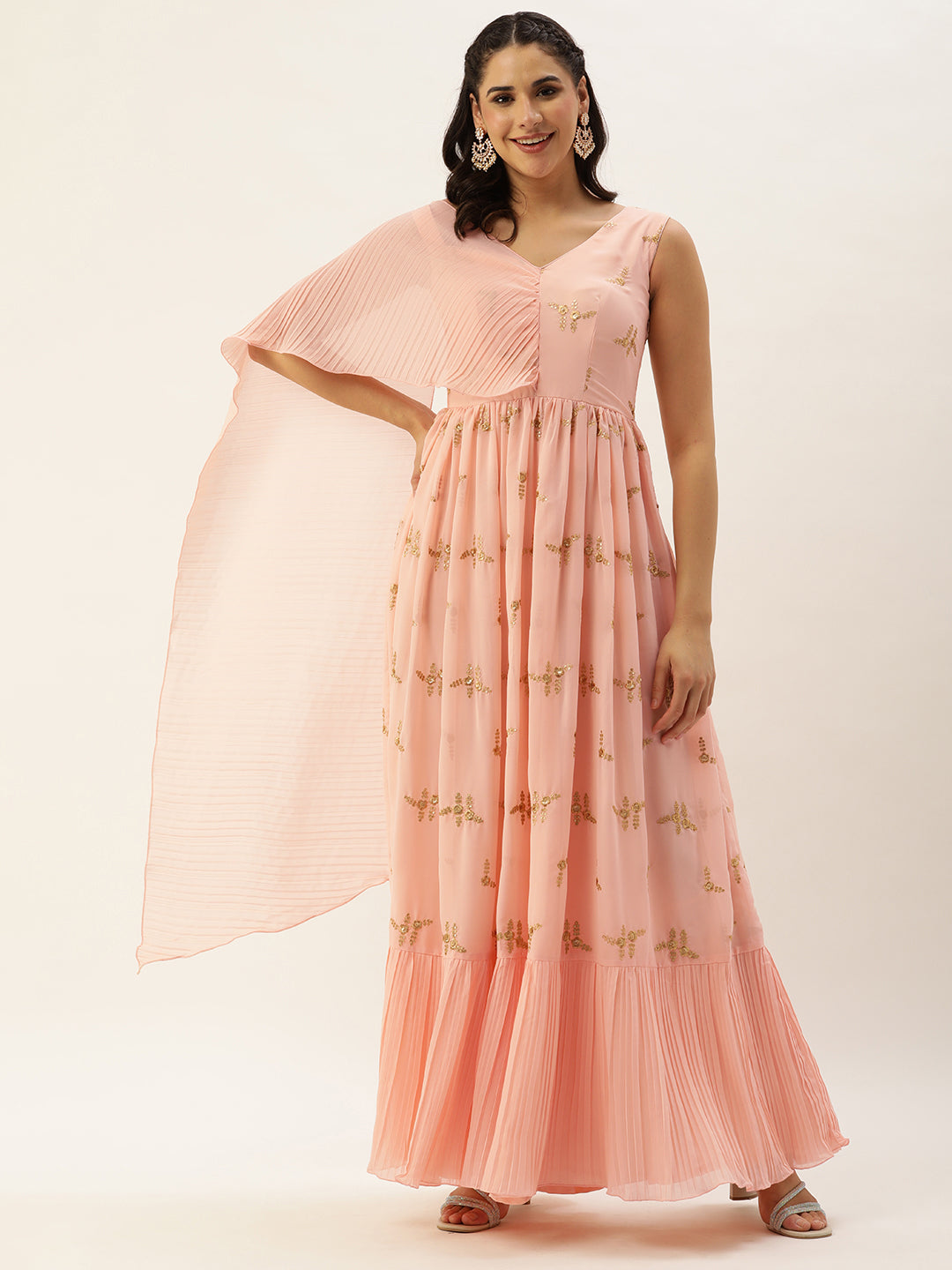 Bollywood Vogue Ready To Wear Peach Embroidered Pleated Georgette Gown - Front View