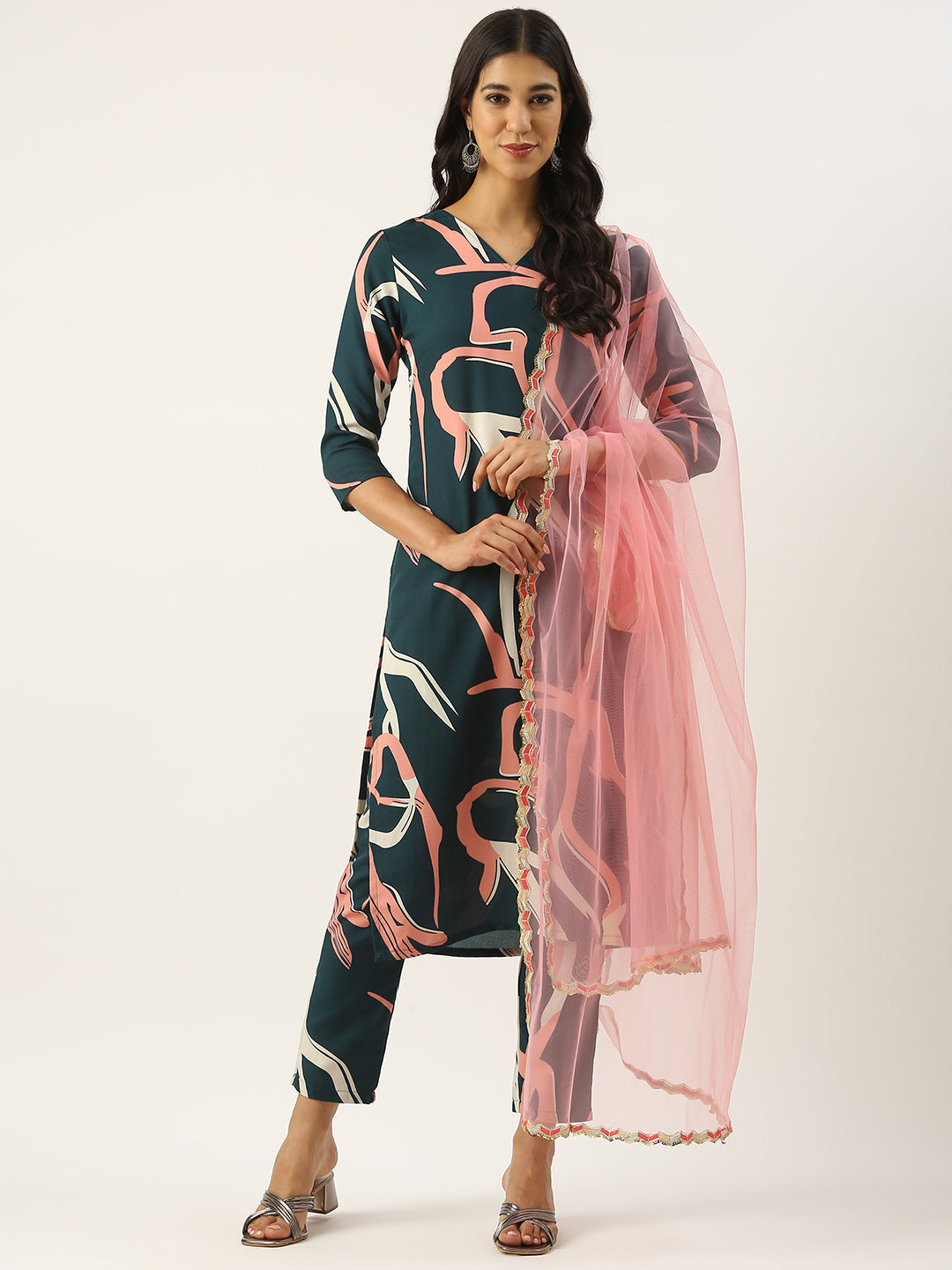 Bollywood Vogue Ready To Wear Green Rayon Printed Kurta Set - Detail View