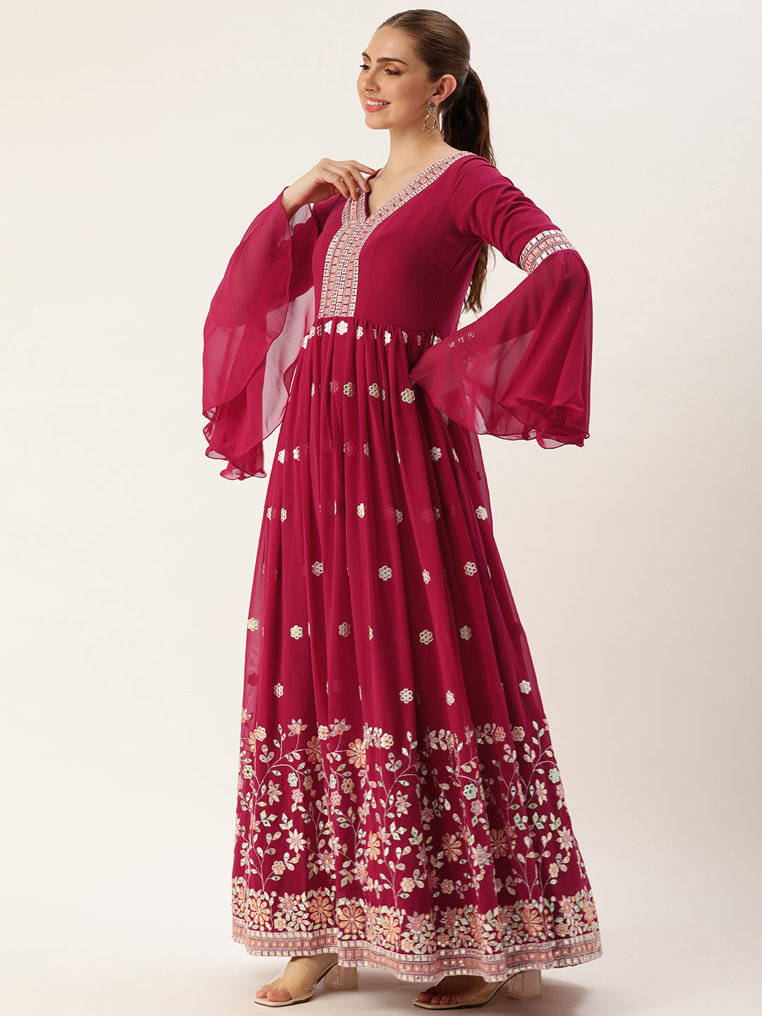 Bollywood Vogue Ready To Wear Pink Georgette Embroidered Gown - Detail View