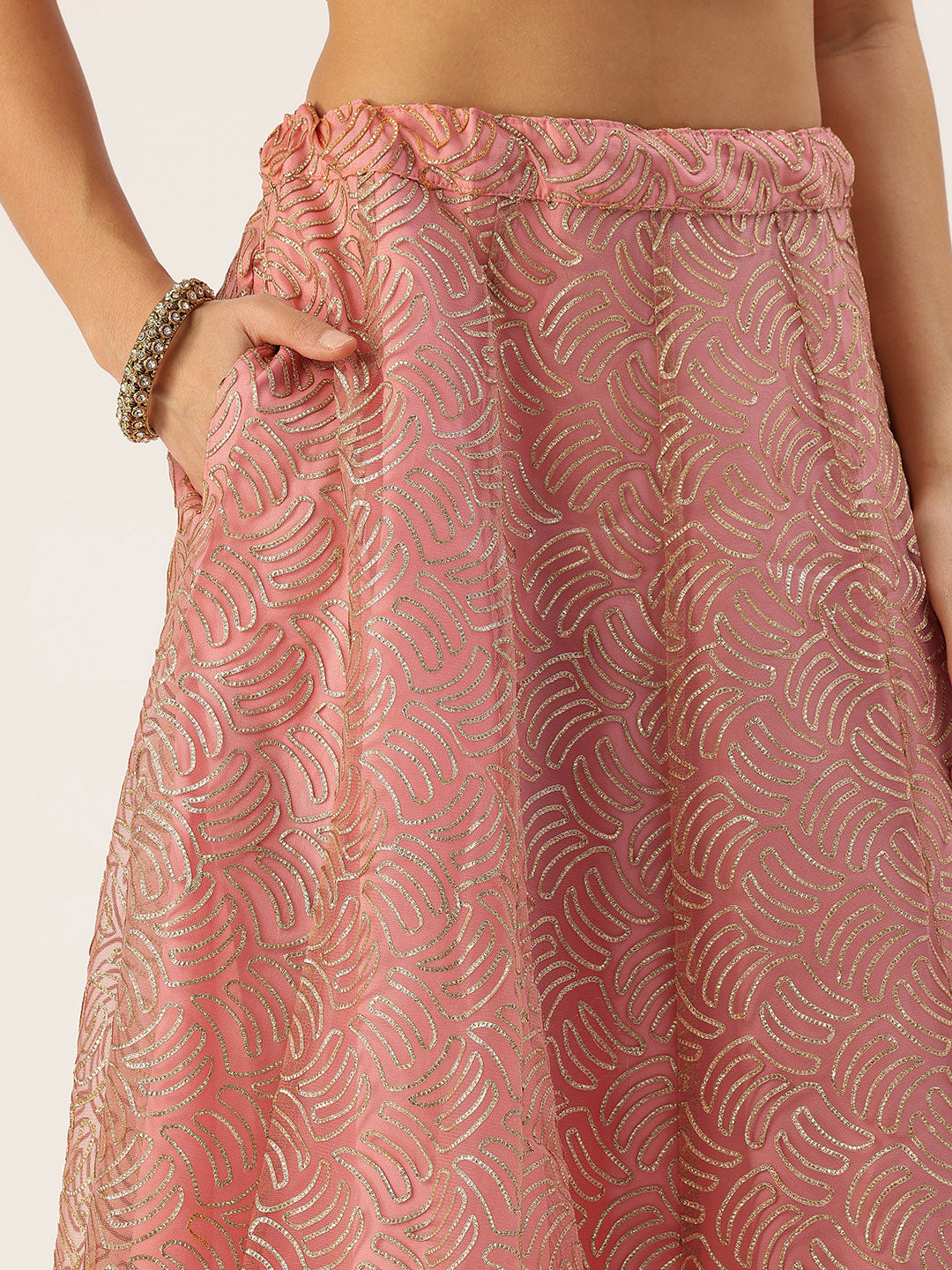 Bollywood Vogue Ready To Wear Pink Net Embroidered Kali Lehenga - Look Shot