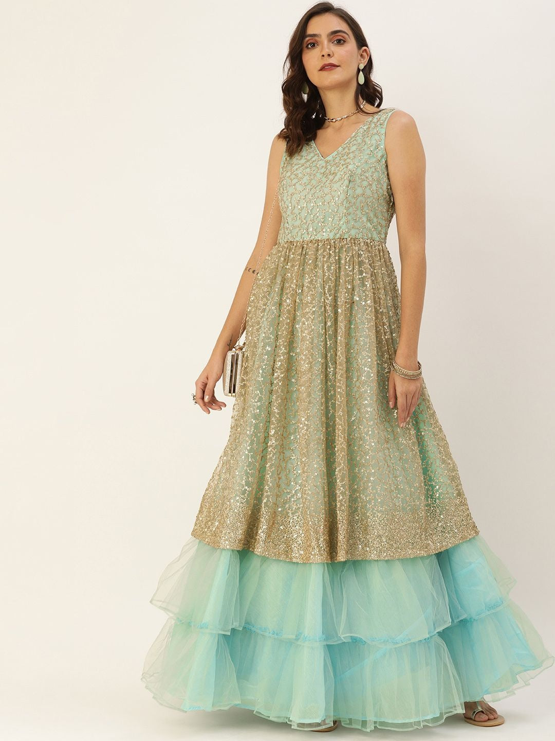 Bollywood Vogue Ready To Wear Blue N Beige Embroidered V Neck Bridal Gown - Front View