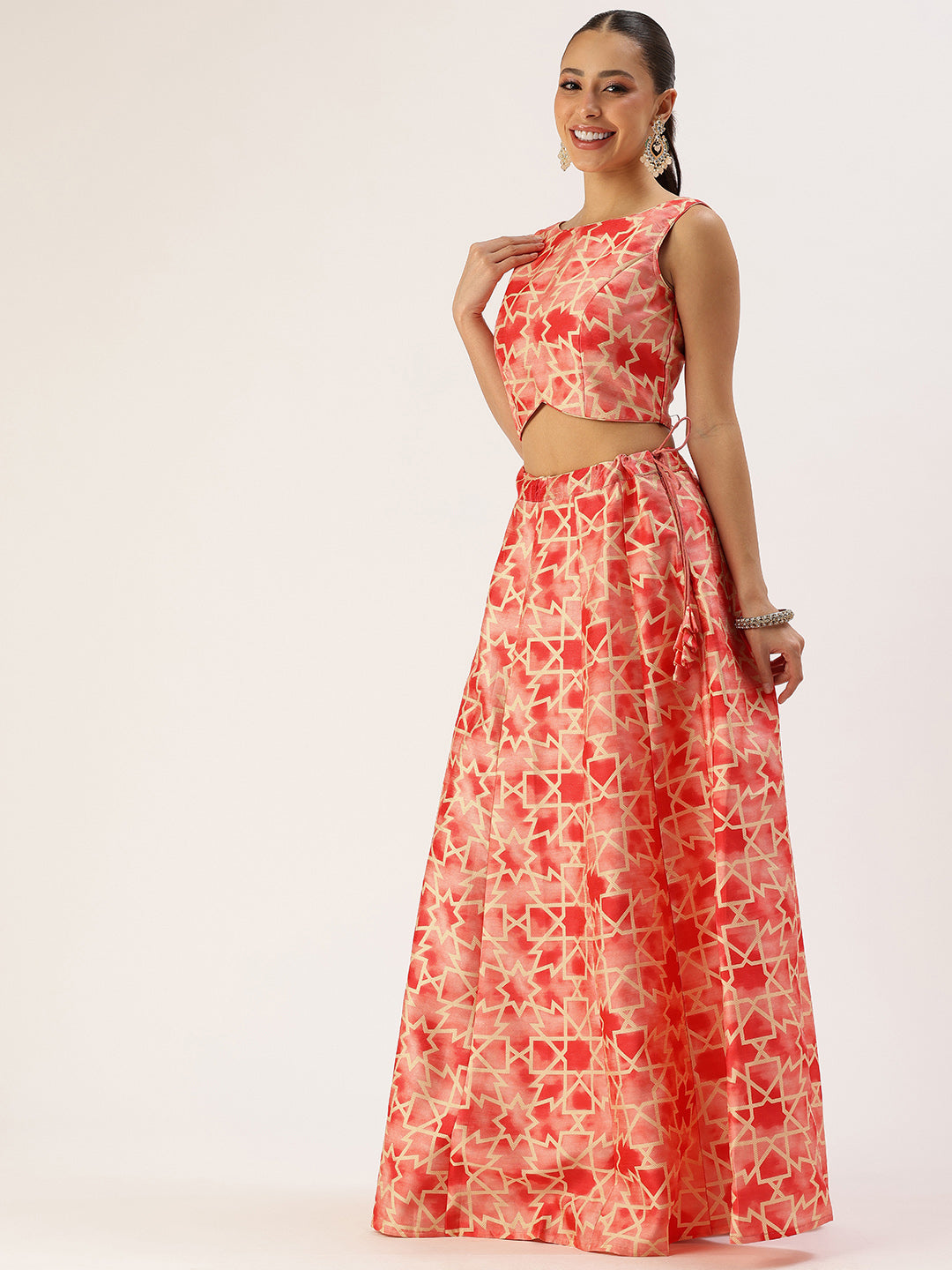 Bollywood Vogue Ready To Wear Red Cotton Printed Kali Style Lehenga Set - Side View