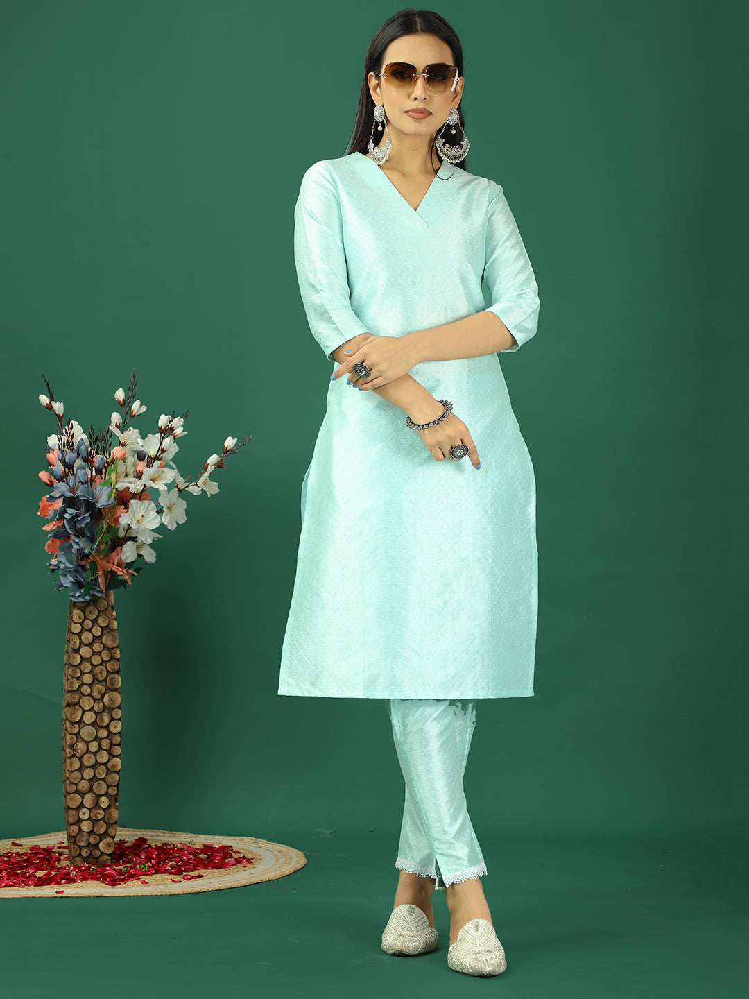 Bollywood Vogue Ready To Wear Sea Green Art Silk Straight Pant Kurta Sets - Look Shot