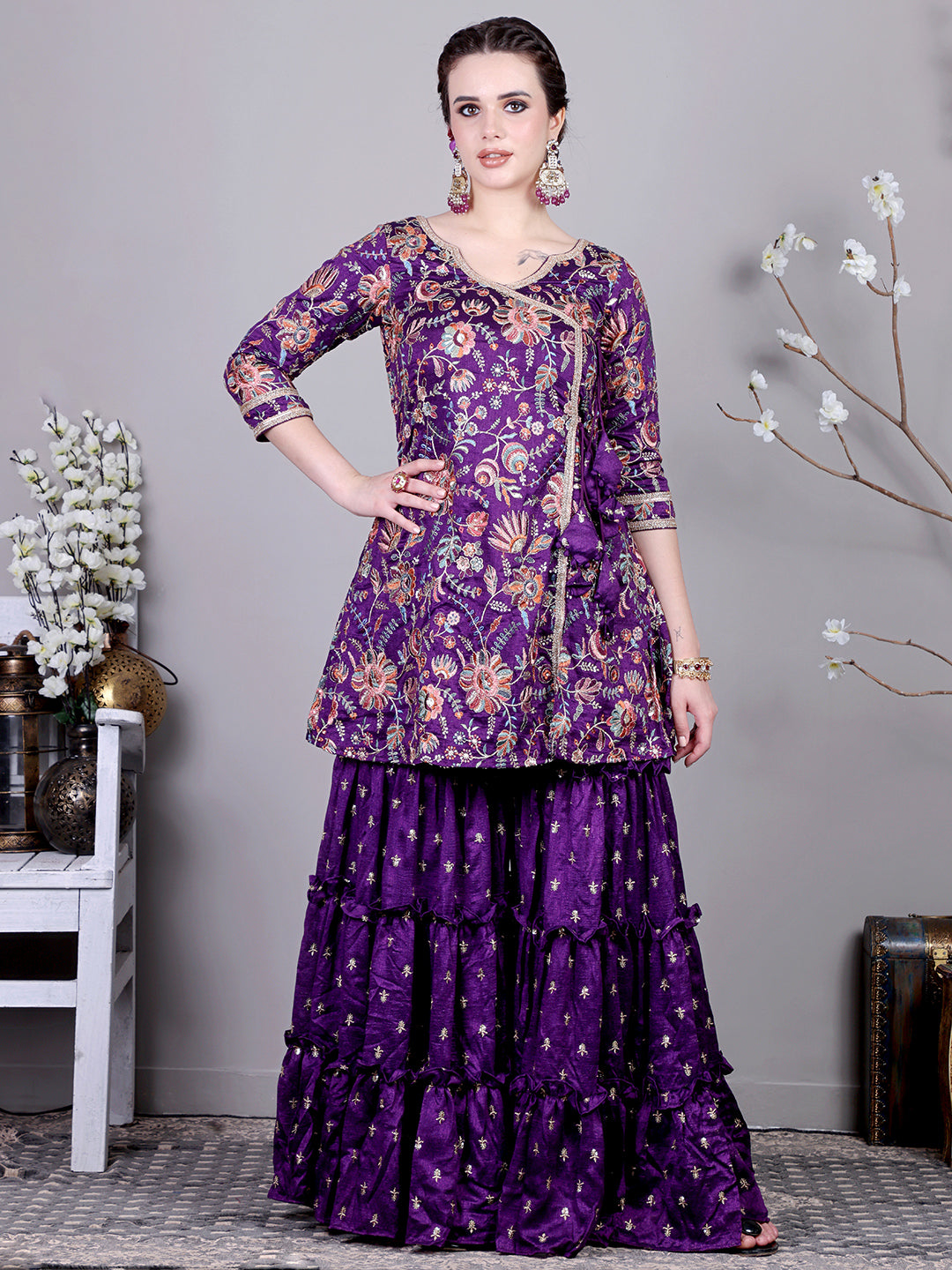 Bollywood Vogue Ready To Wear Classic Top With Purple Art Silk Sharara Suit - Side View