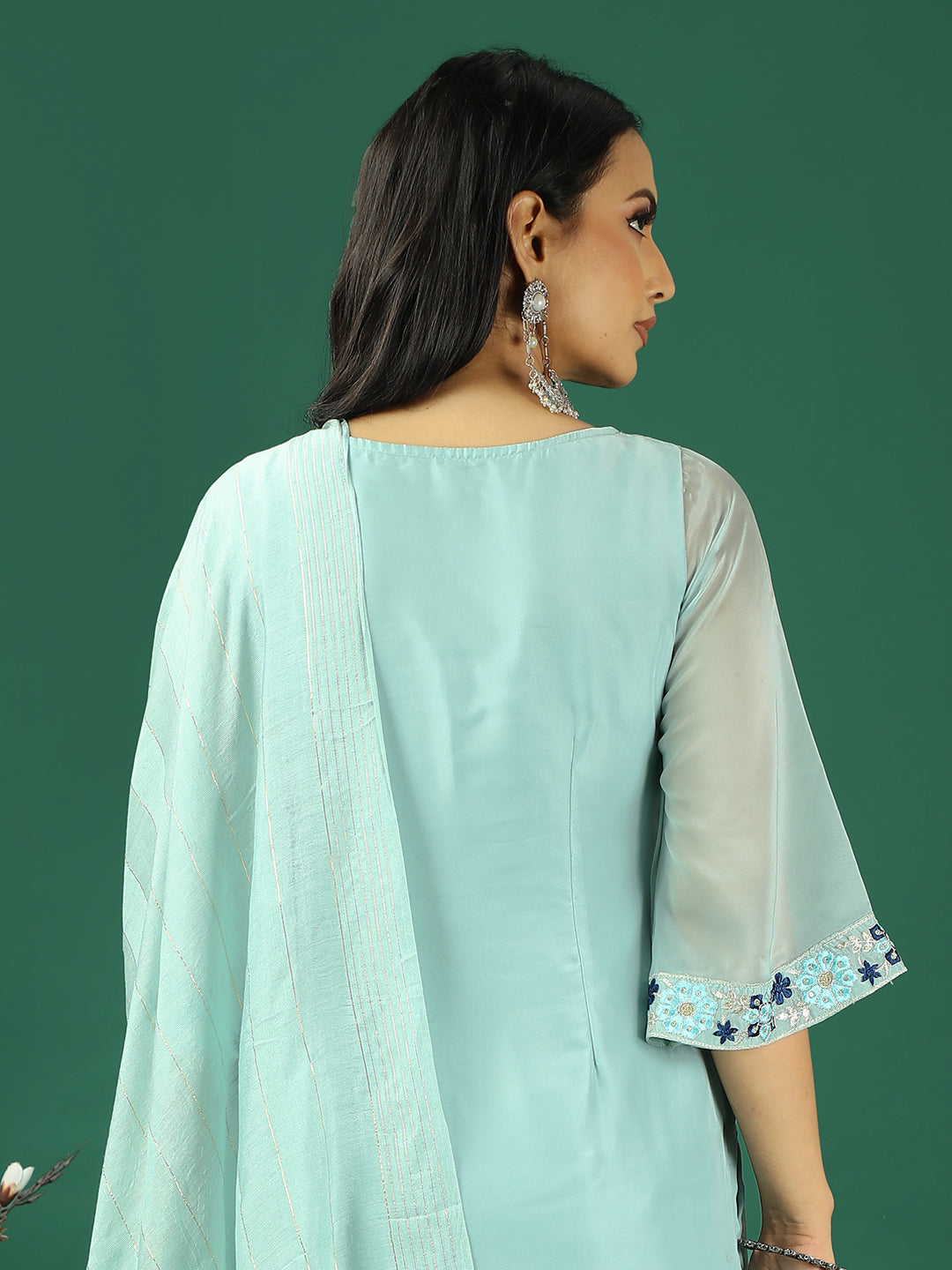 Bollywood Vogue Ready To Wear Blue Organza Embroidred Straight Pant Suit - Look Shot