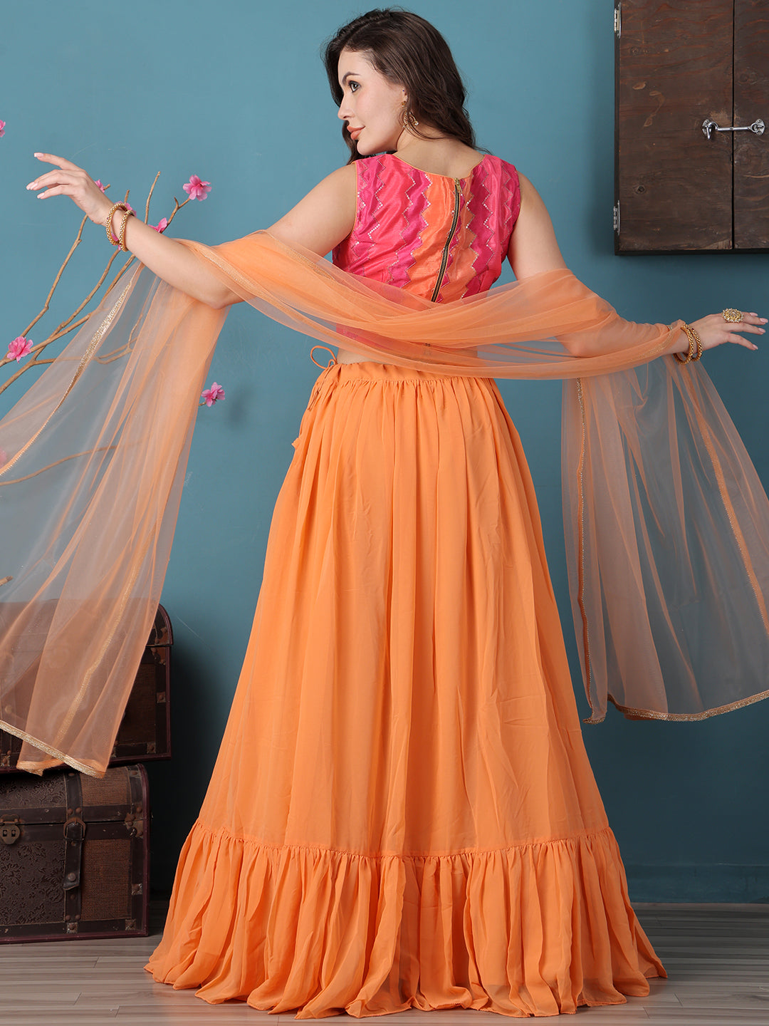 Bollywood Vogue Ready To Wear Pink N Multicolor Chinon Tiered Lehenga - Back View