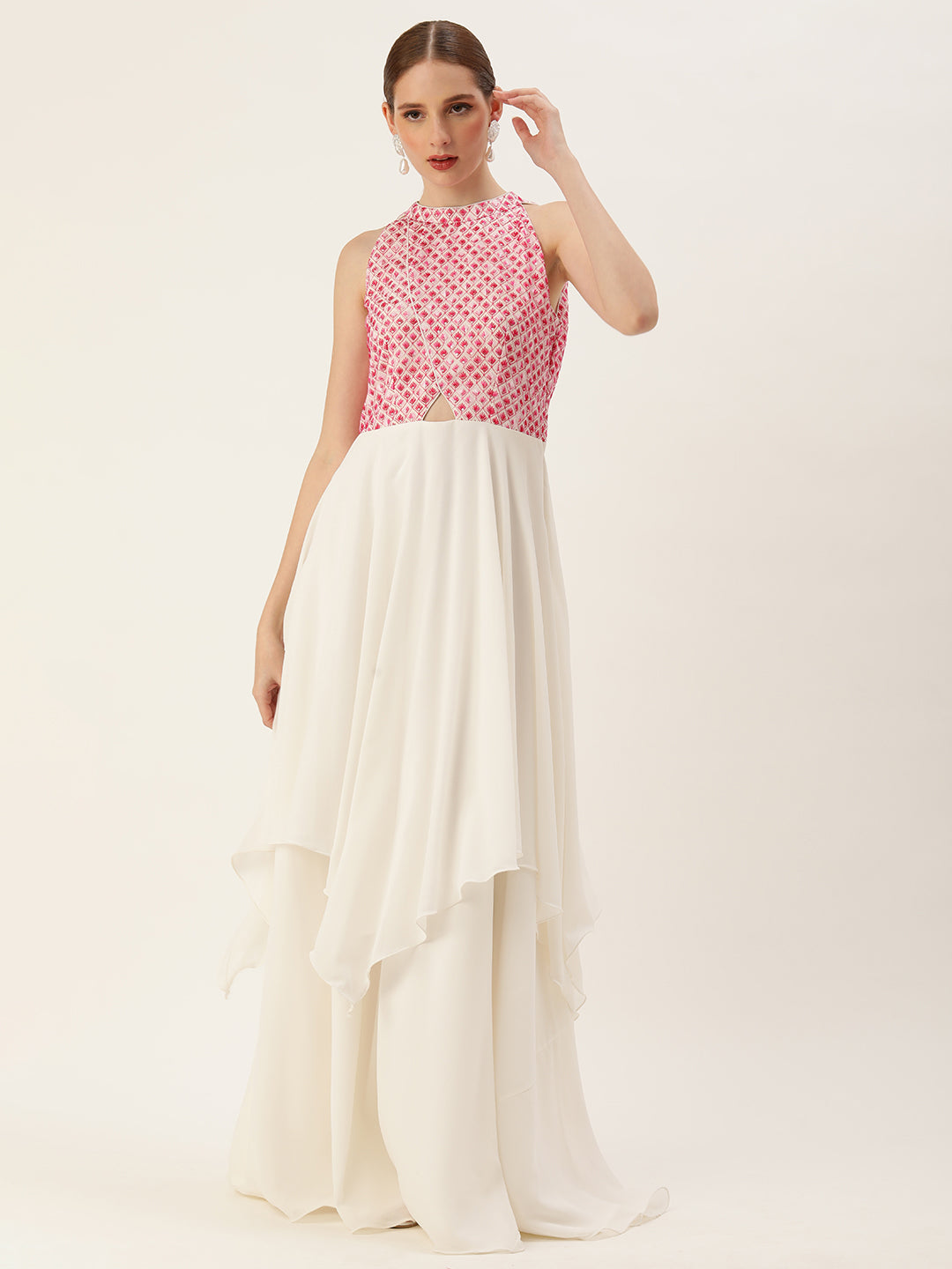 Bollywood Vogue Ready To Wear Off White Embroidered Georgette Halter Neck - Front View