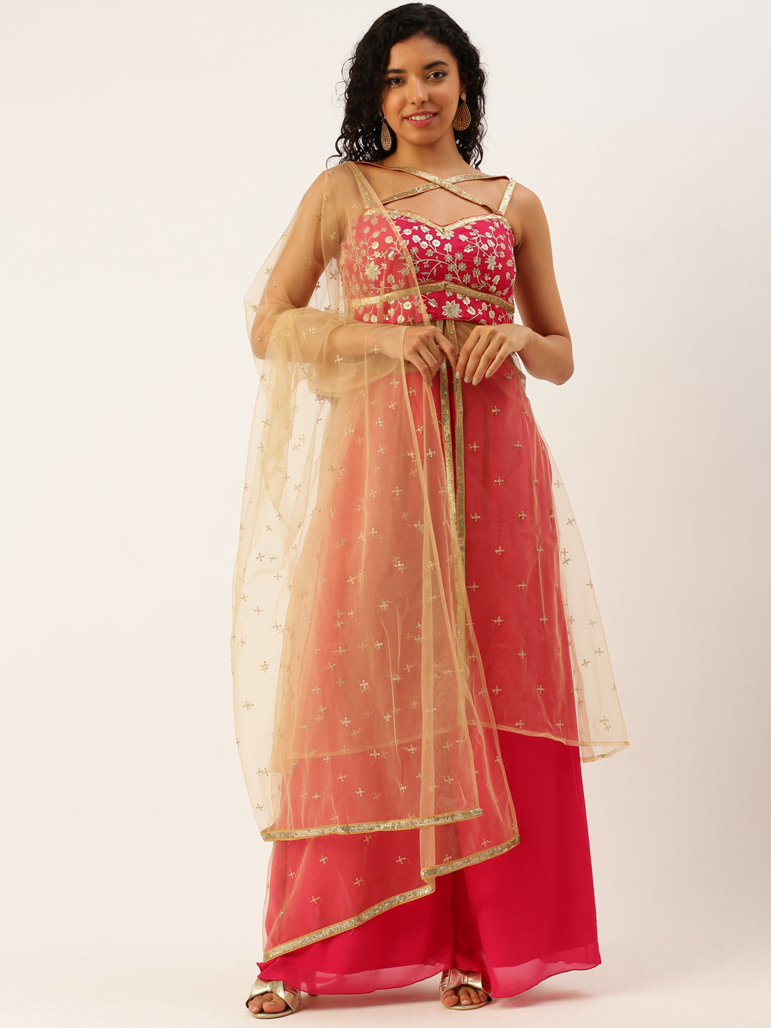 Bollywood Vogue Ready To Wear Pink Embroidered Chinon Palazzo Suit Set - Front View