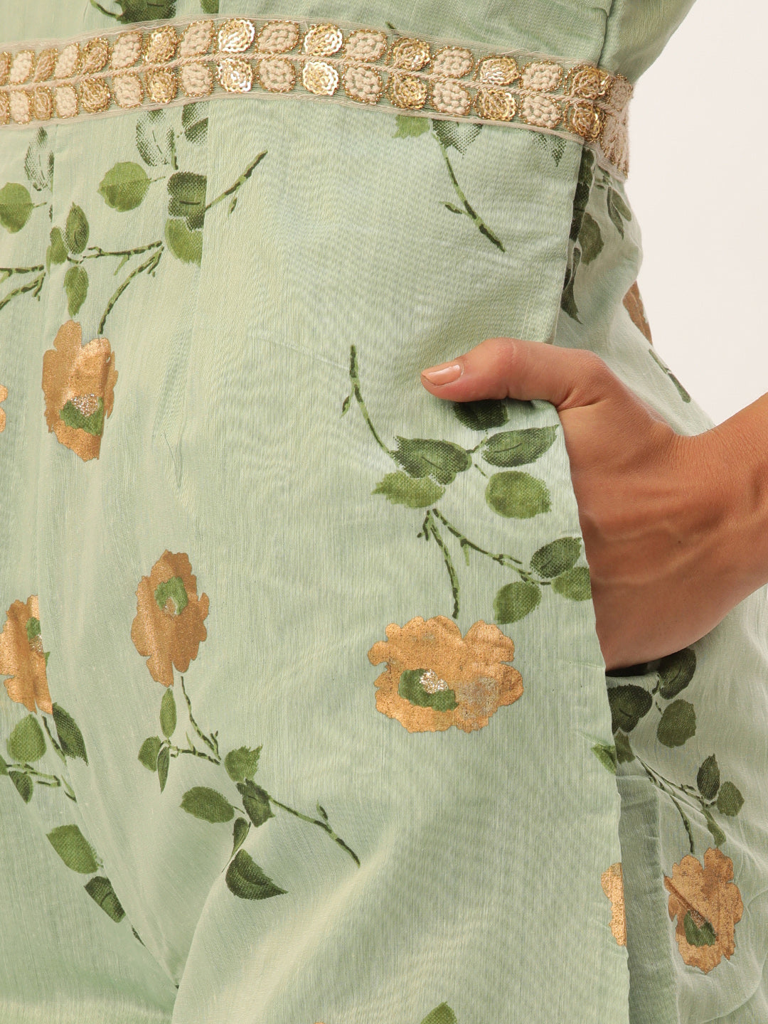Bollywood Vogue Ready To Wear Green Art Silk Foli Print Jumpsuit - Side View