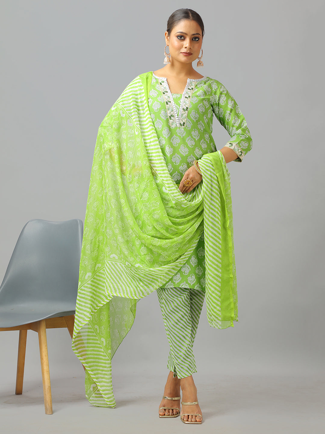 Bollywood Vogue Ready To Wear Green Cotton Printed Narrow Straight Pant Suit - Front View