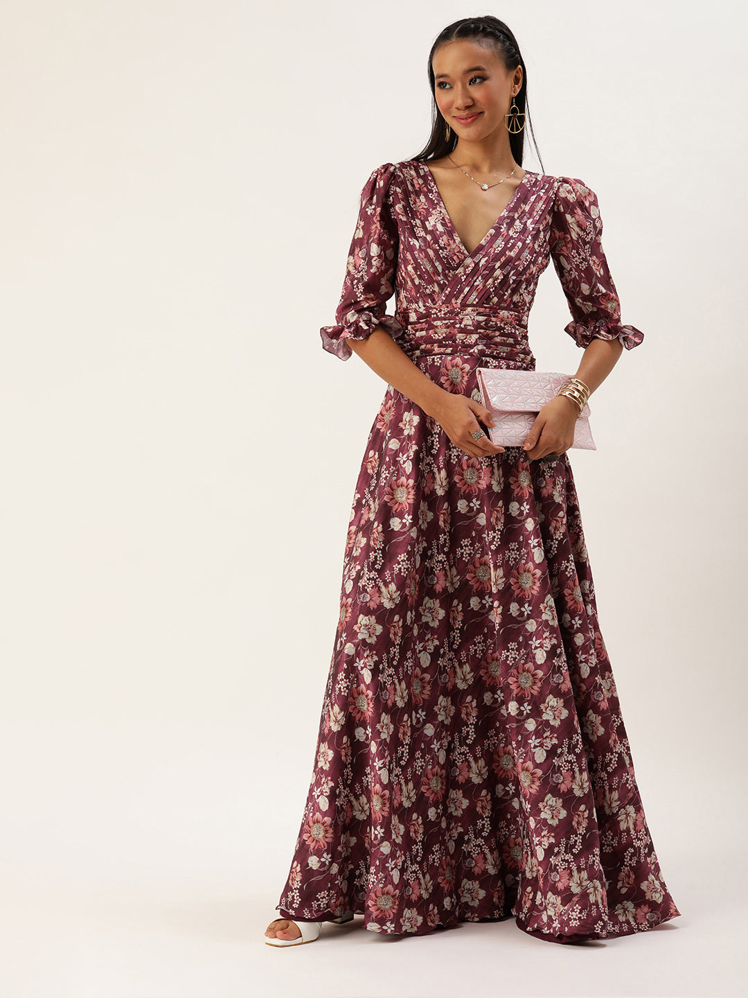 Bollywood Vogue Ready To Wear Maroon Art Silk Printed Gown - Front View