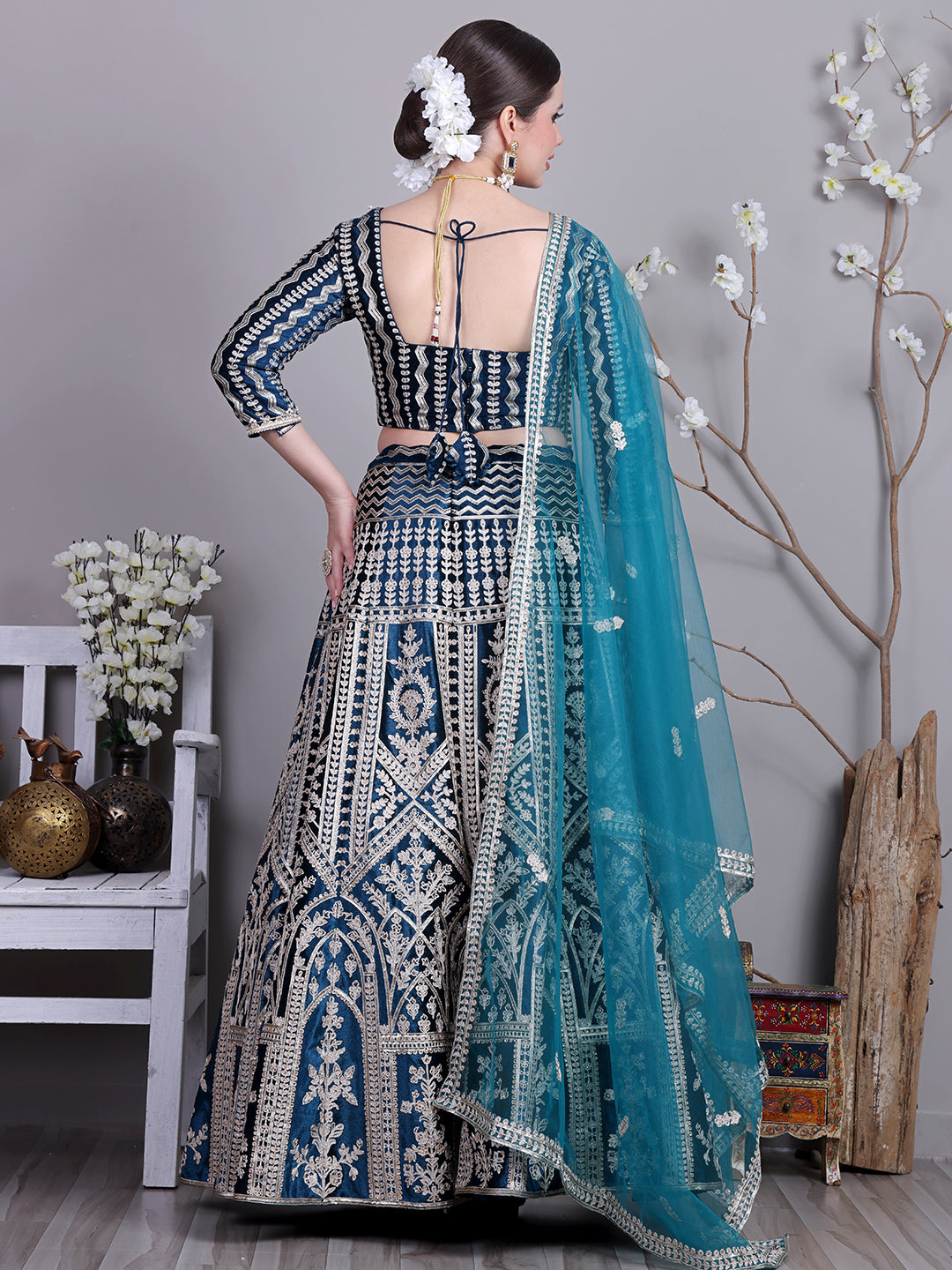 Bollywood Vogue Ready To Wear Classic Blouse With Teal Blue Velvet Lehenga - Back View