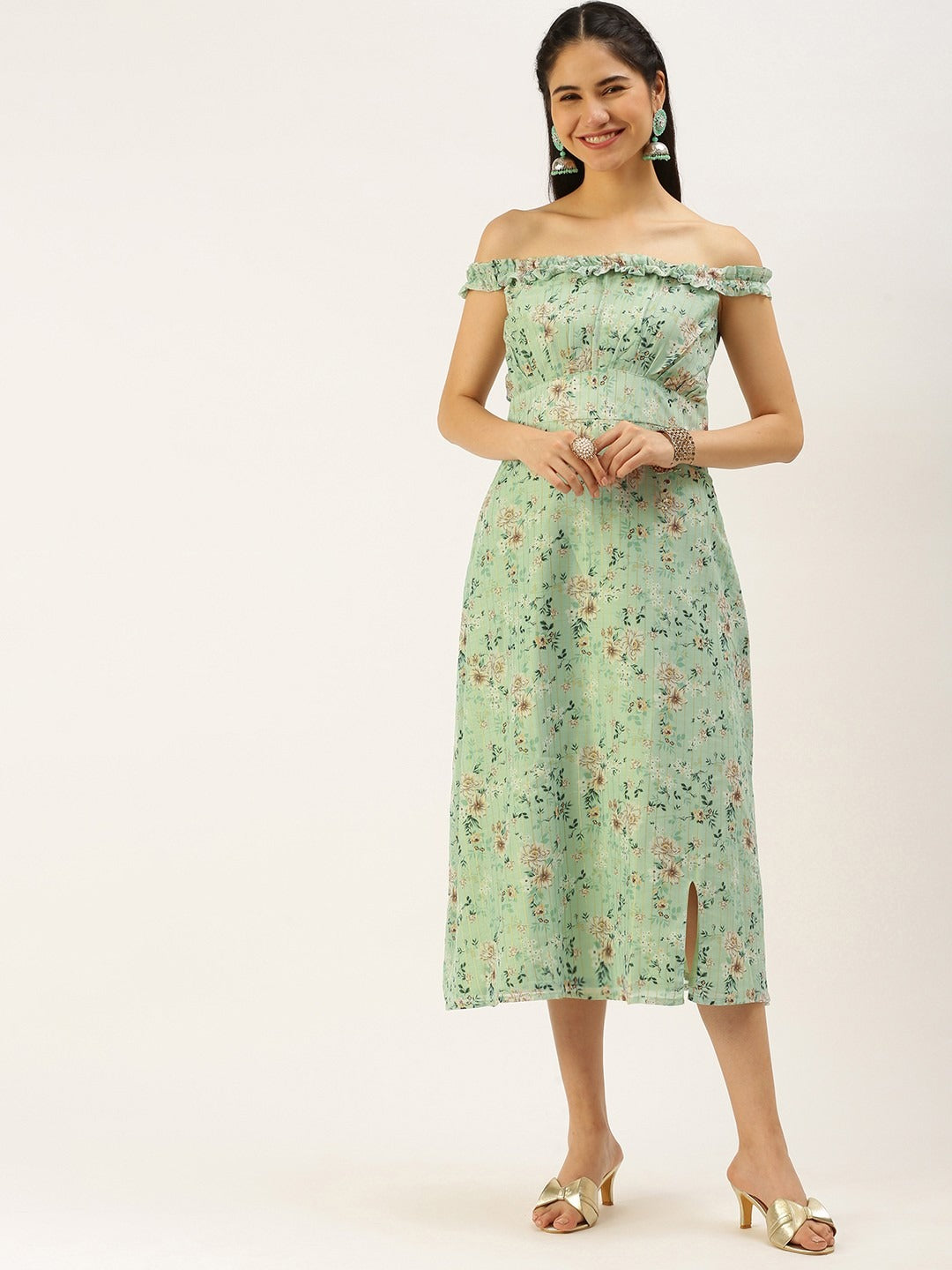 Bollywood Vogue Ready To Wear Green Muslin Off Shoulder Dress - Additional View 1