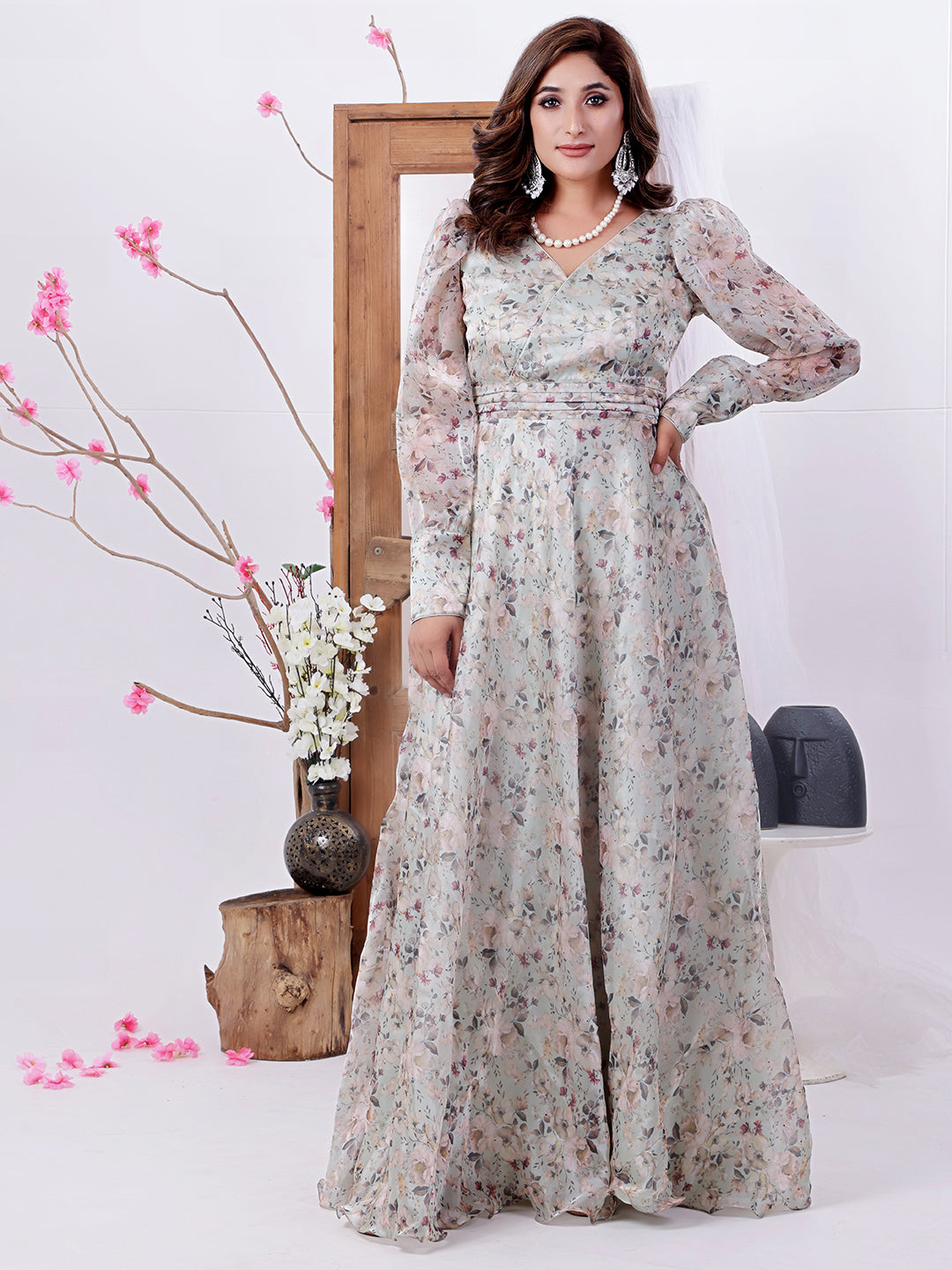 Bollywood Vogue Ready To Wear Multicolored Organza Satin Overlapped Style Gown - Front View