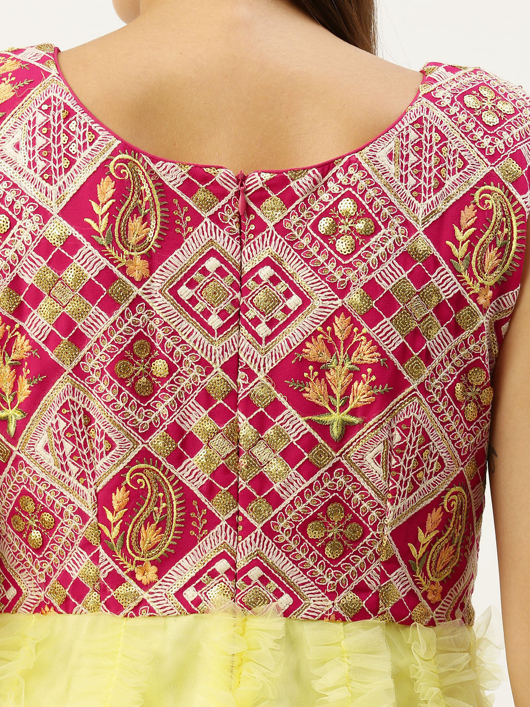 Bollywood Vogue Ready To Wear Pink N Yellow Georgette Embroidered Ruffle Gown - Back View