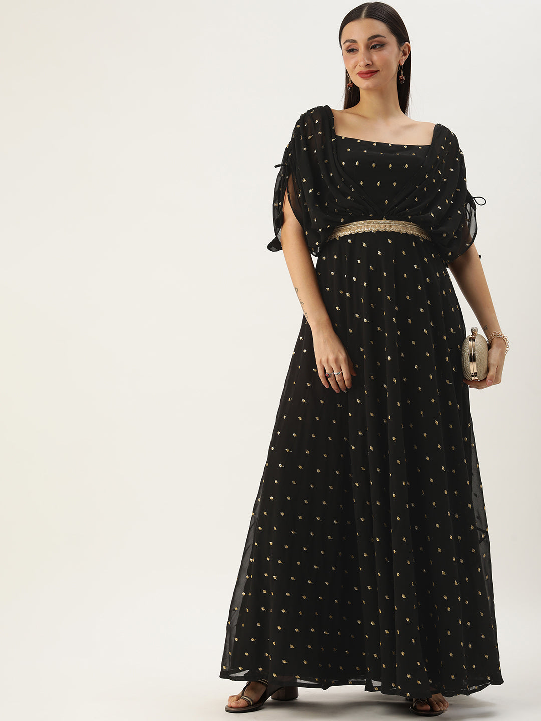 Bollywood Vogue Ready To Wear Black Georgette Embroidered Overlap Draped Gown - Detail View