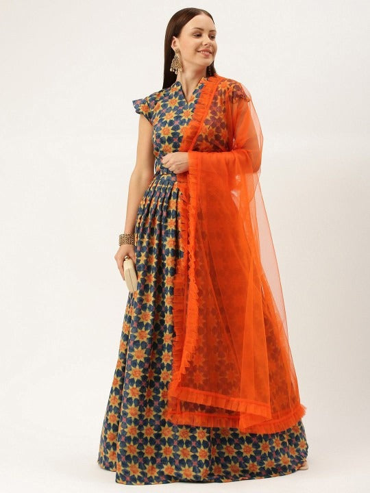 Bollywood Vogue Ready To Wear Multicolored Printed Pleated Lehenga - Front View