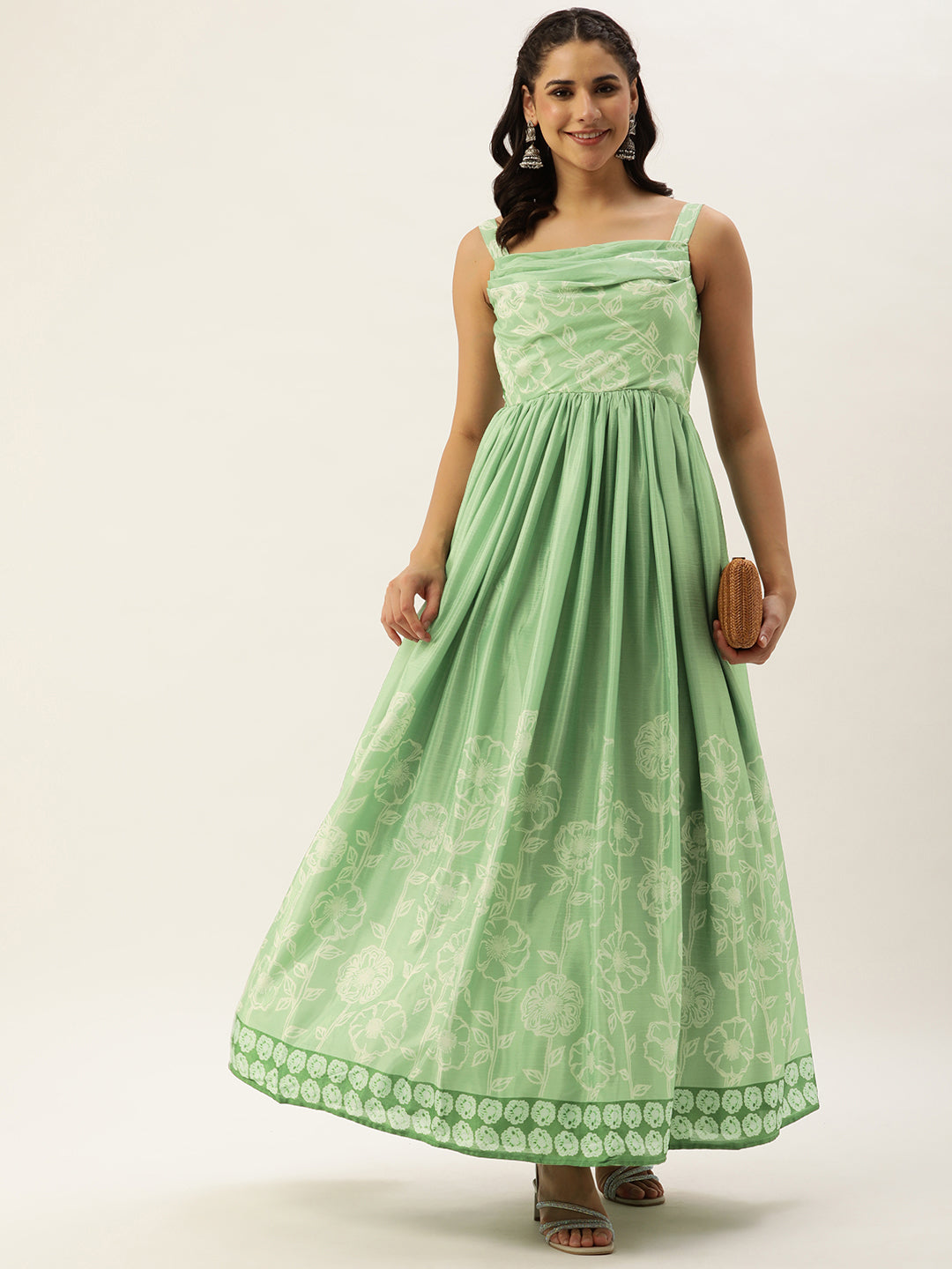 Bollywood Vogue Ready To Wear Green Digital Printed Chinon Gown - Front View