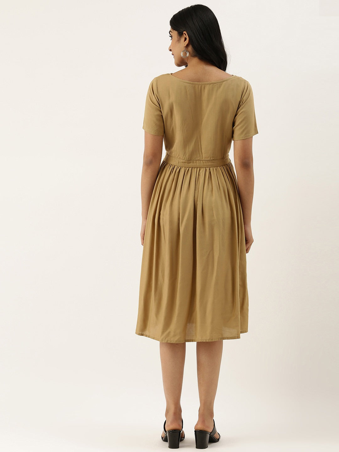 Bollywood Vogue Ready To Wear Khaki Modal V Neck Dress - Back View