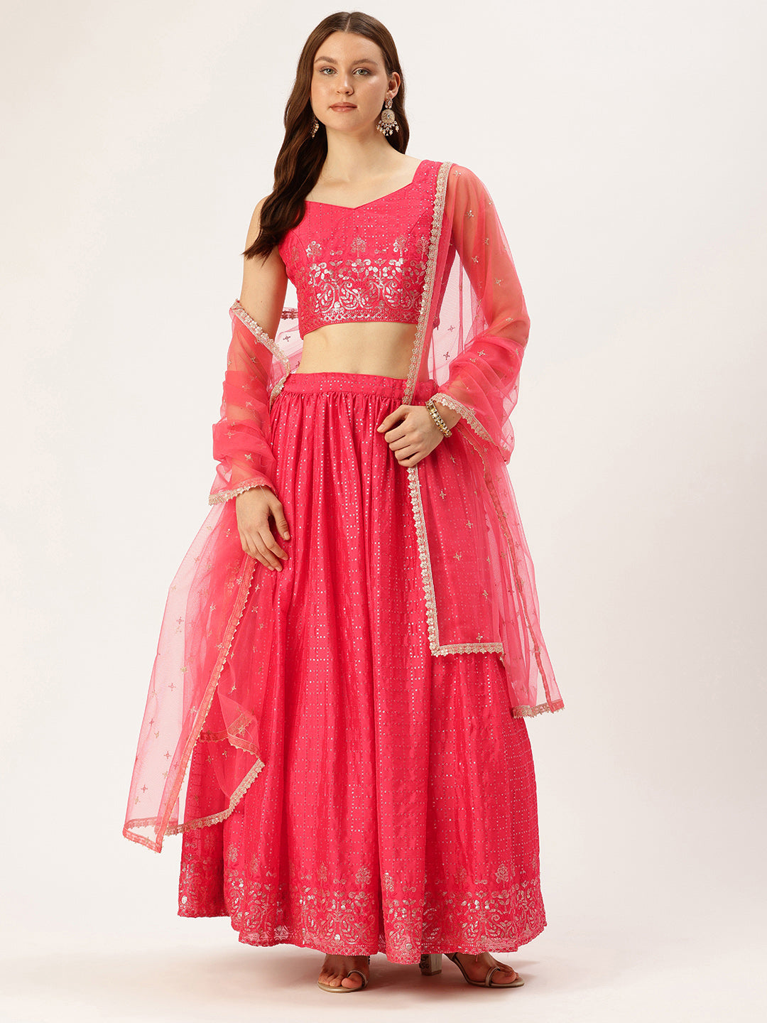 Bollywood Vogue Ready To Wear Coral Chinon Embroidered Sequins Lehenga Set - Front View