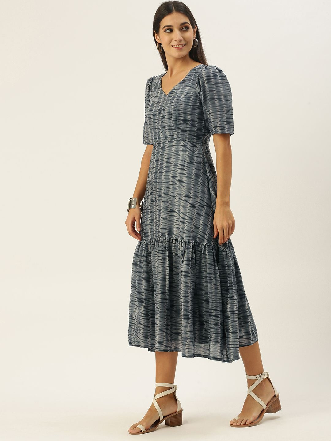 Bollywood Vogue Ready To Wear Grey N Black Muslin Gathered Style Dress - Front View
