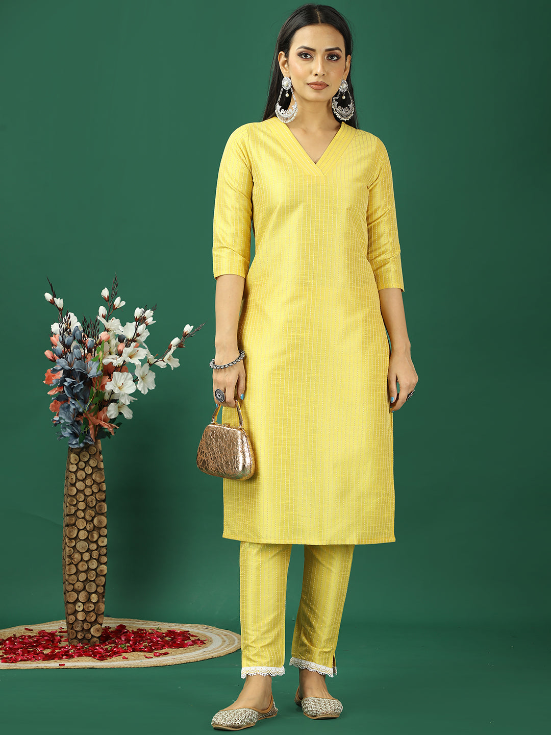 Bollywood Vogue Ready To Wear Yellow Art Silk Straight Pant Kurta Sets - Additional View 2
