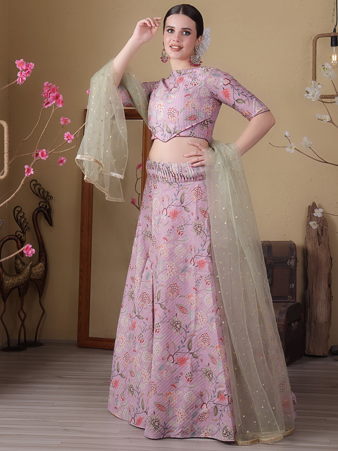Bollywood Vogue Ready To Wear Mauve Digital Printed Boat Neck Lehenga - Front View