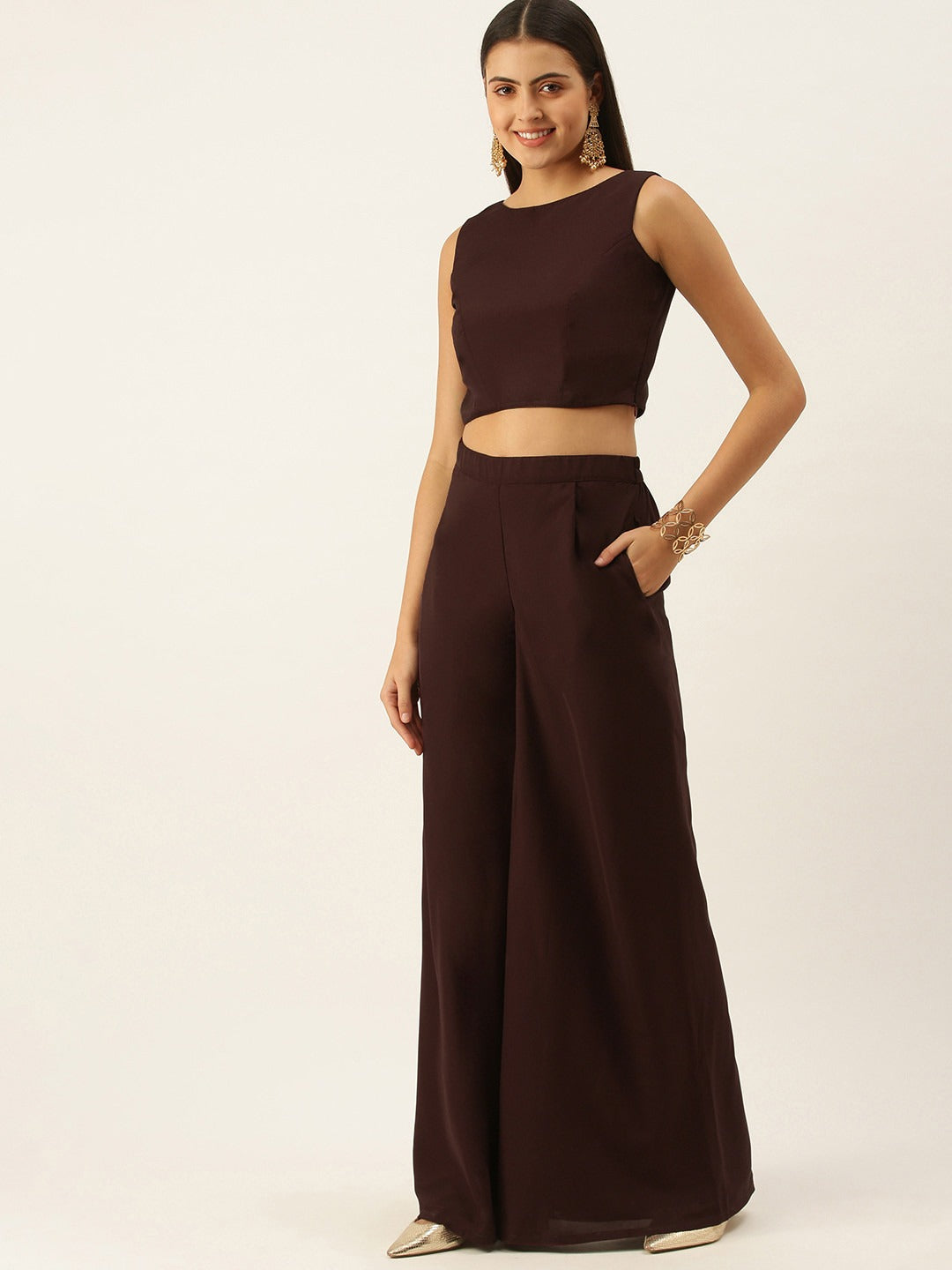 Bollywood Vogue Ready To Wear Purple Blouse N Palazzo Pant With Grey Jacket - Detail View