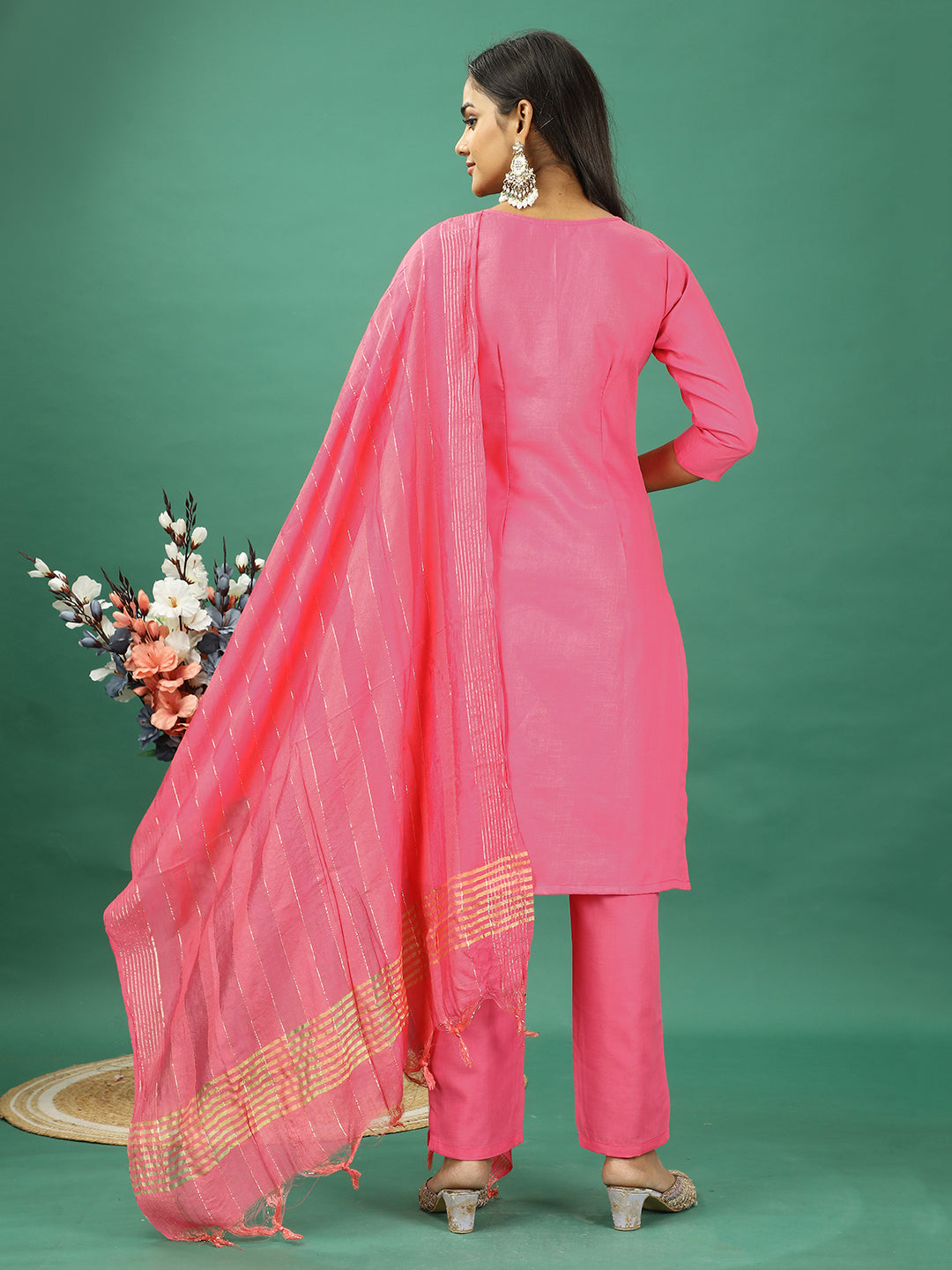 Bollywood Vogue Ready To Wear Pink Rayon Embroidered Straight Pant Suit - Back View