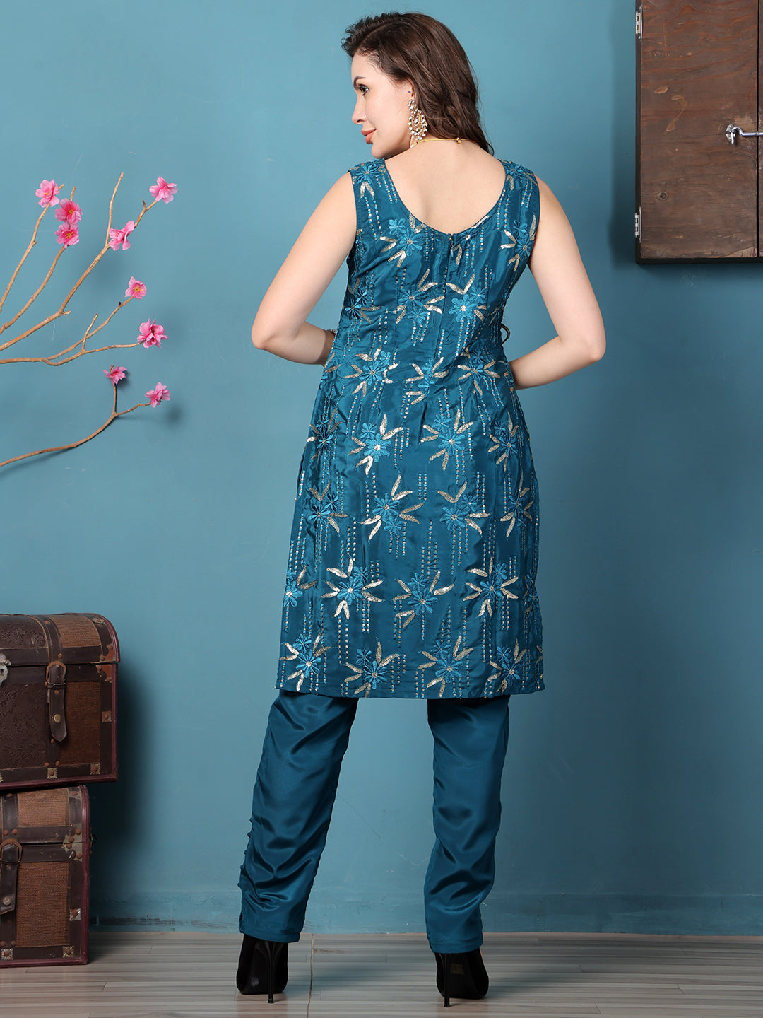 Bollywood Vogue Ready To Wear Teal Green Crepe Embroidered Salwar Kameez - Detail View