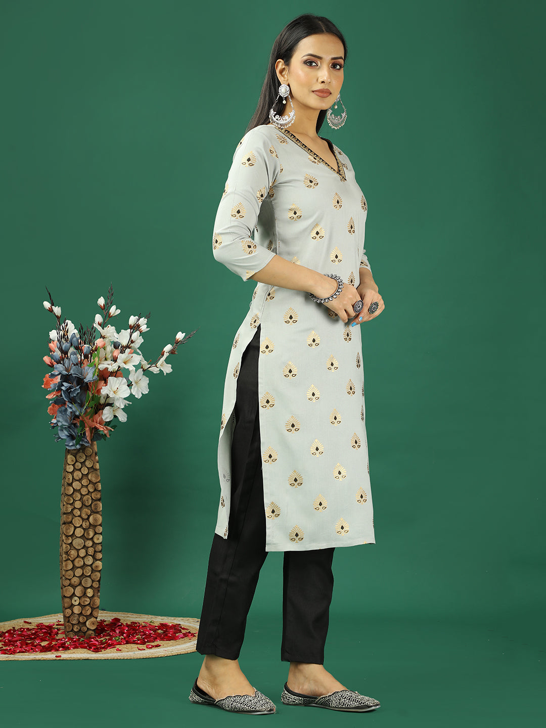 Bollywood Vogue Ready To Wear Grey Rayon Foil Printed Kurta Set - Side View