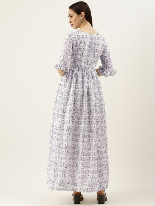 Bollywood Vogue Ready To Wear White Rayon Printed Gathered Maxi Dress - Back View