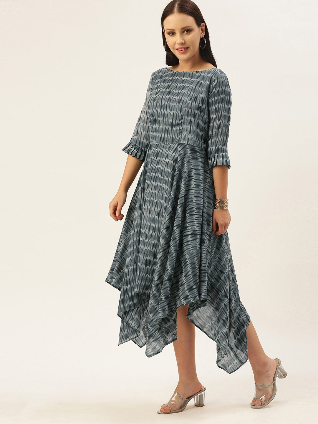 Bollywood Vogue Ready To Wear Grey N Black Muslin Handkerchief Style Dress - Look Shot