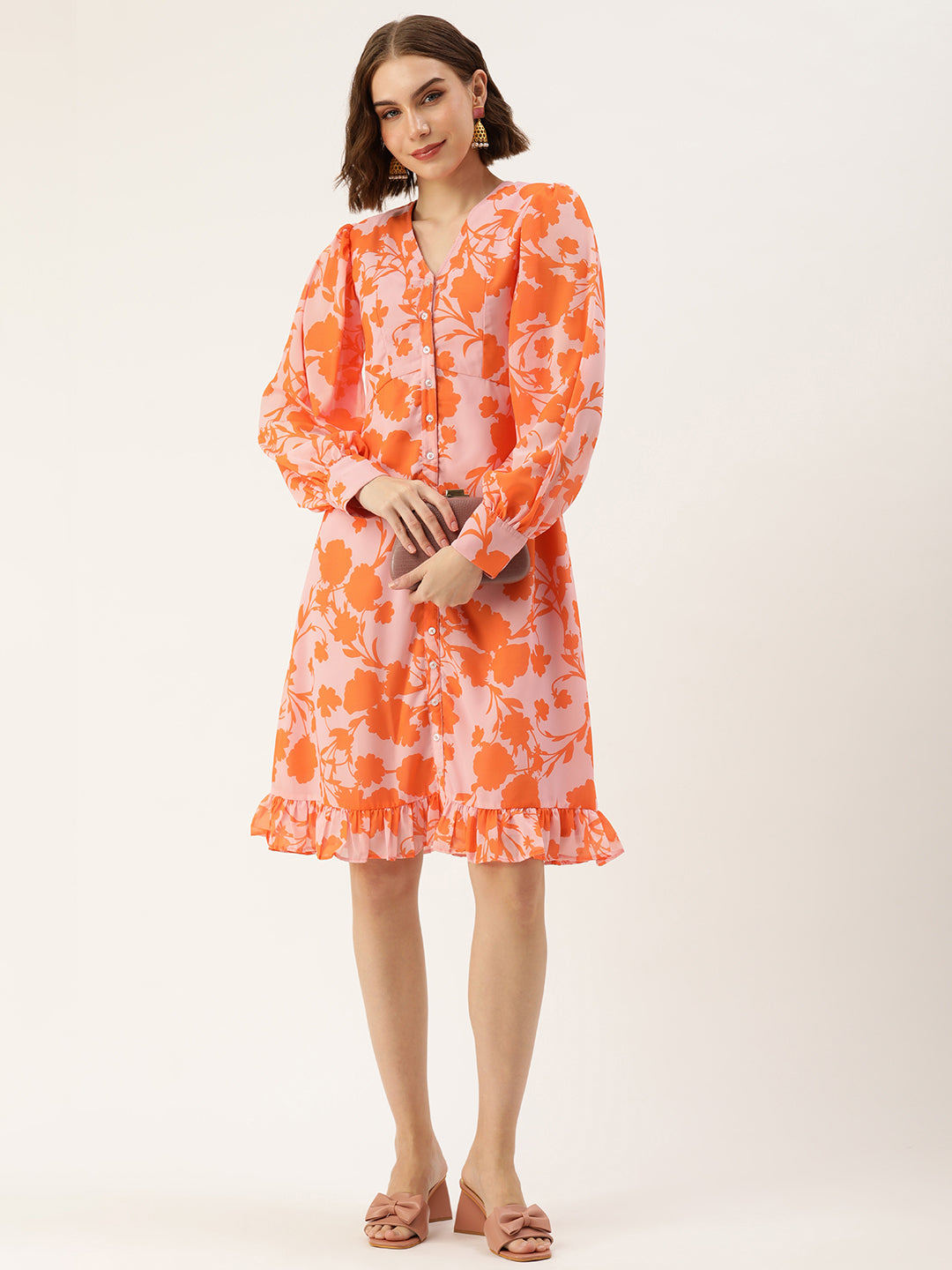 Bollywood Vogue Ready To Wear Pink N Orange Printed Georgette Dress - Front View