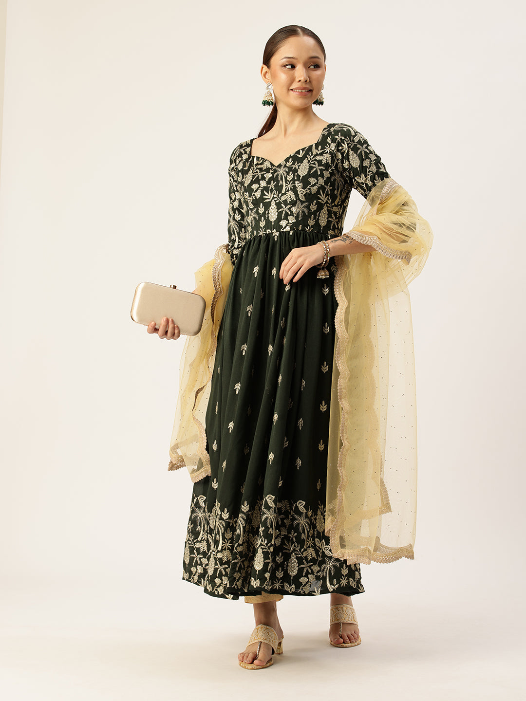 Bollywood Vogue Ready To Wear Green Art Silk Embroidered Anarkali Suit - Detail View