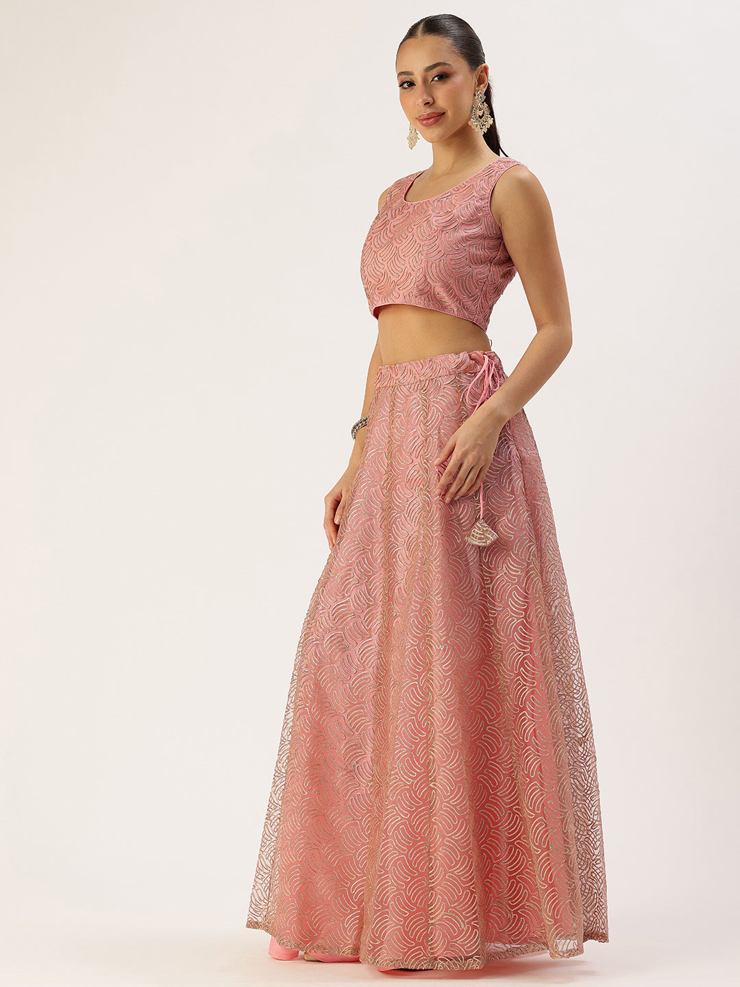 Bollywood Vogue Ready To Wear Pink Net Embroidered Kali Lehenga - Side View