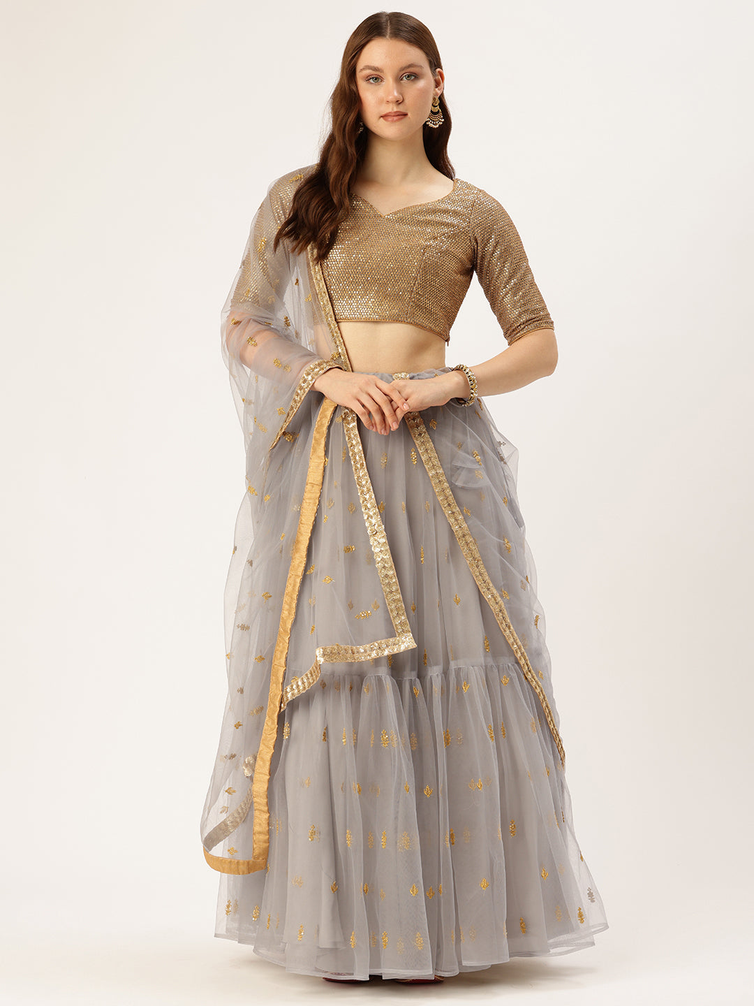 Bollywood Vogue Ready To Wear Gold Sequin Blouse N Grey Embroidered Net Lehenga Set - Front View