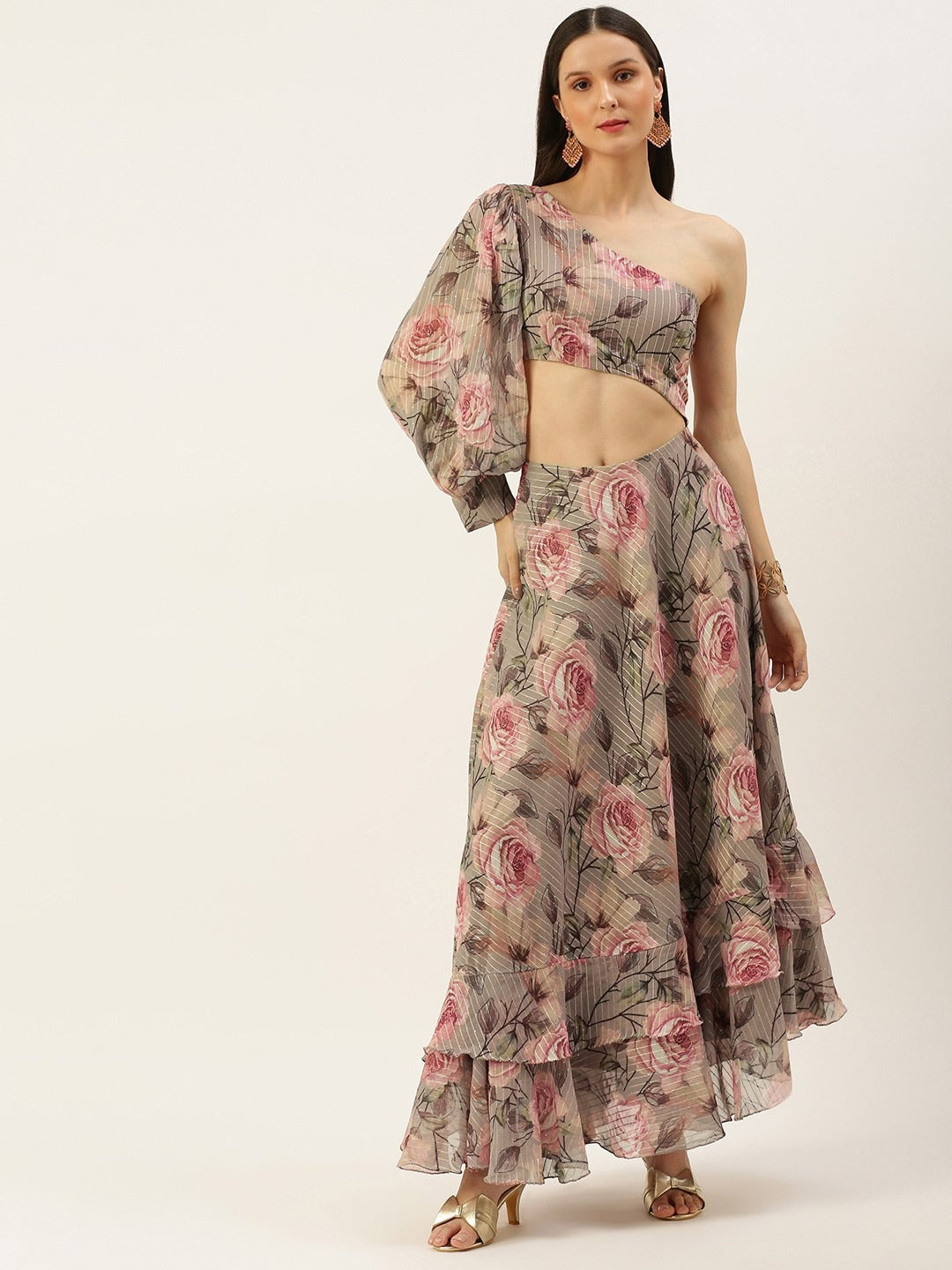 Bollywood Vogue Ready To Wear Multicolored Digital Printed Floral Gown - Front View