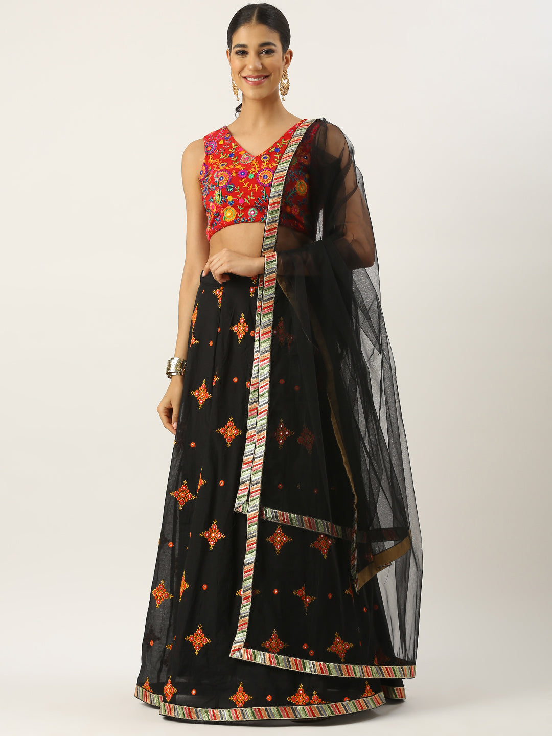 Bollywood Vogue Ready To Wear Red N Black Embroidered Cotton Lehenga Set - Front View